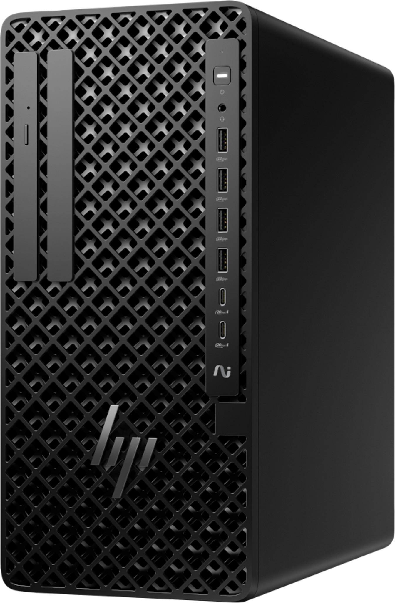 Un tower per computer desktop HP nero con pannello frontale in rete, porte e pulsante di accensione.