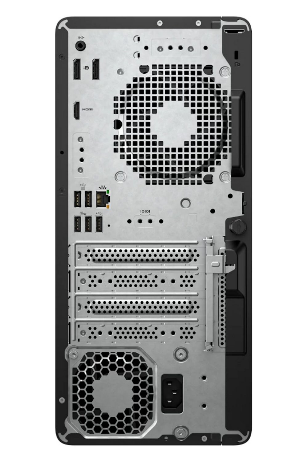 Vista posteriore di un computer desktop nero con varie porte, griglie di ventilazione e un alimentatore in basso.