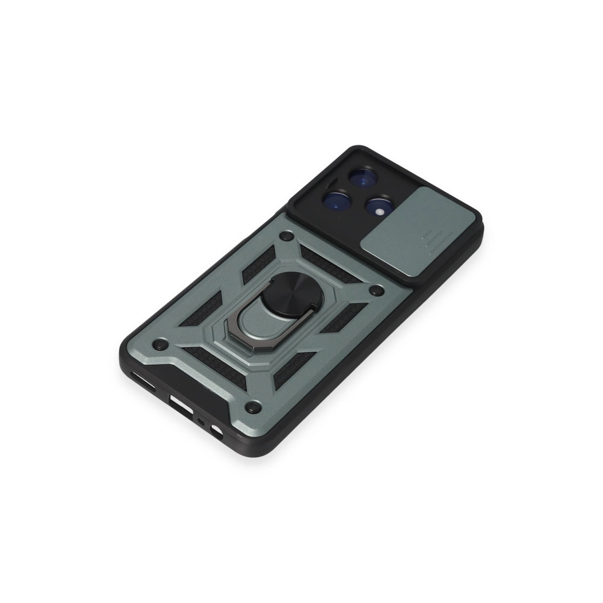 Metal halka standlı ve sürgülü kamera lens kapaklı gri sağlam akıllı telefon kılıfı.