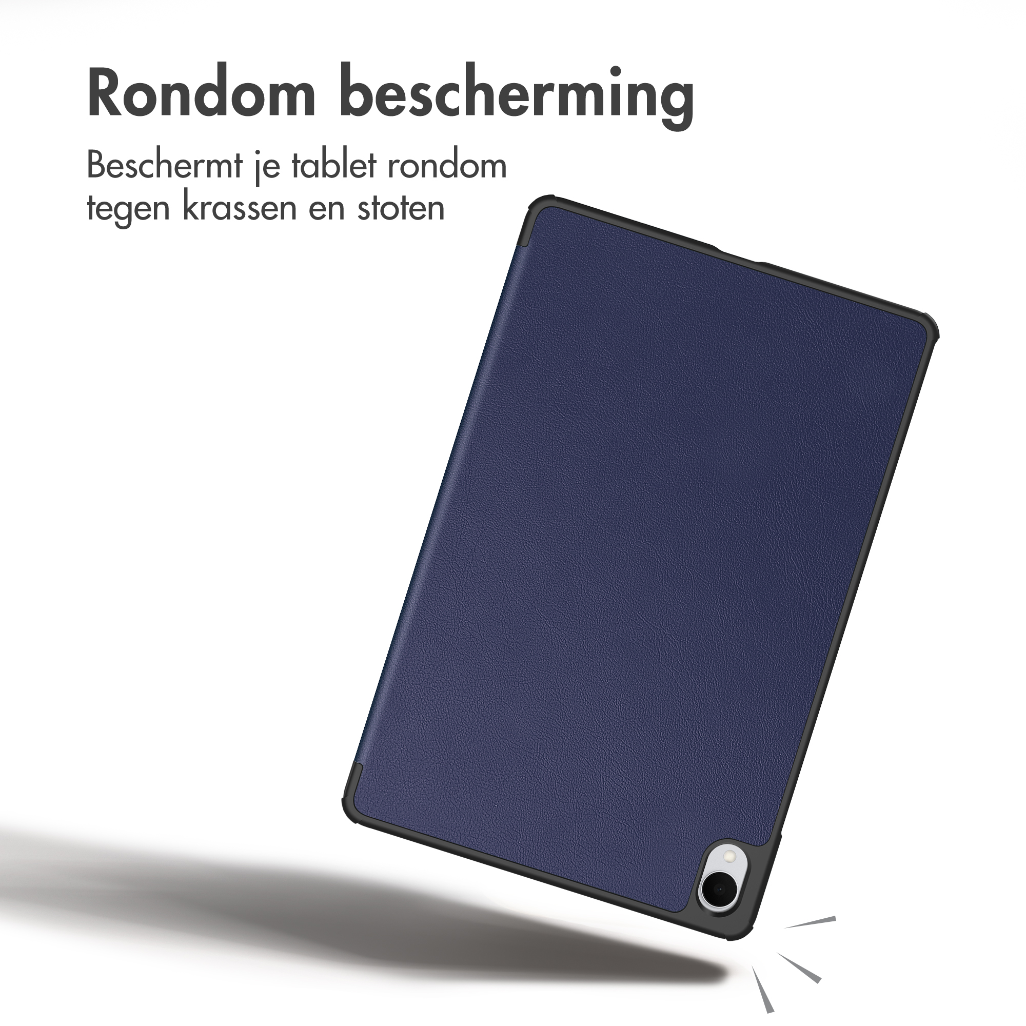 A blue tablet in a protective case, floating against a white background with Dutch text.