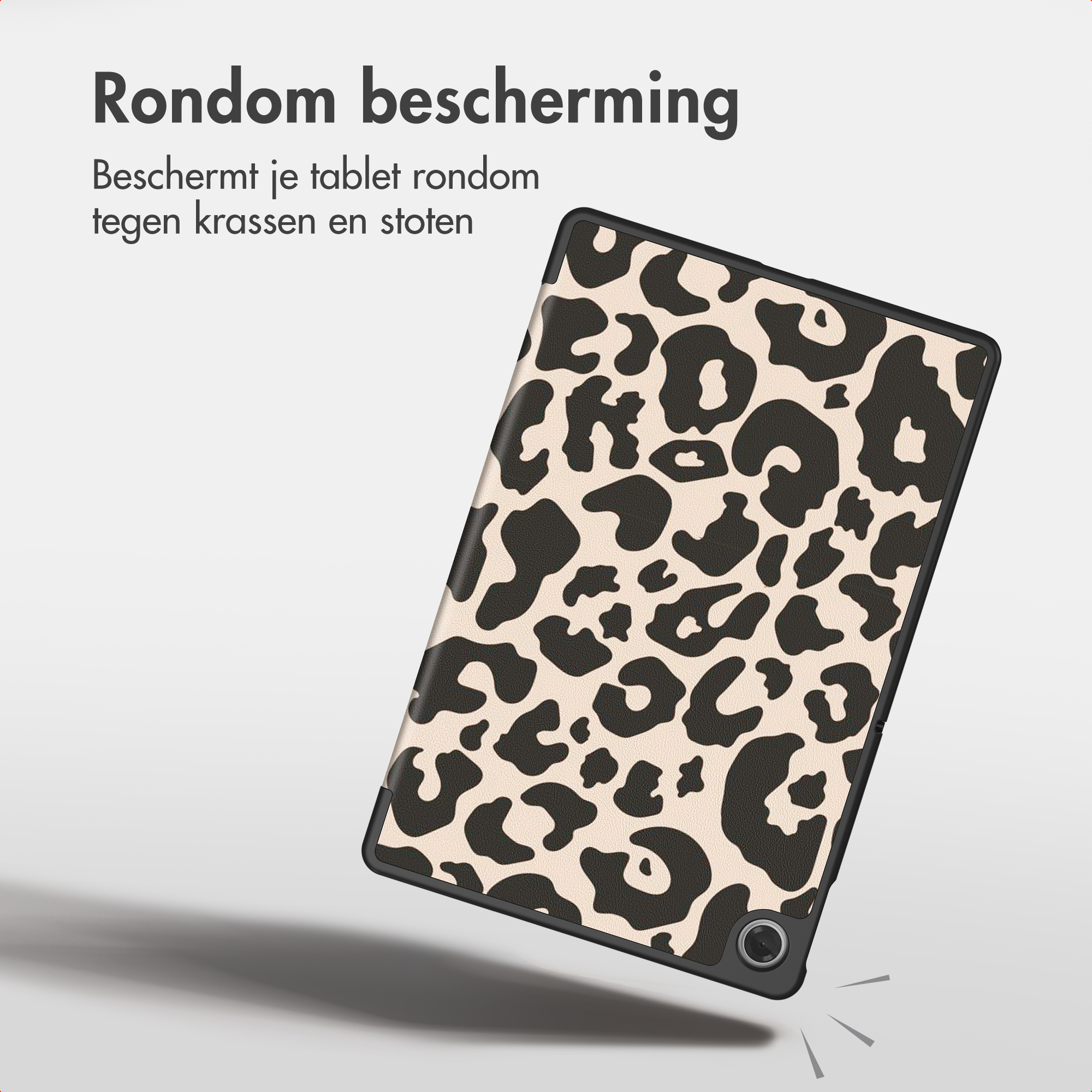 Een tablet met panterprint hoes zweeft op een grijze achtergrond, met Nederlandse tekst.