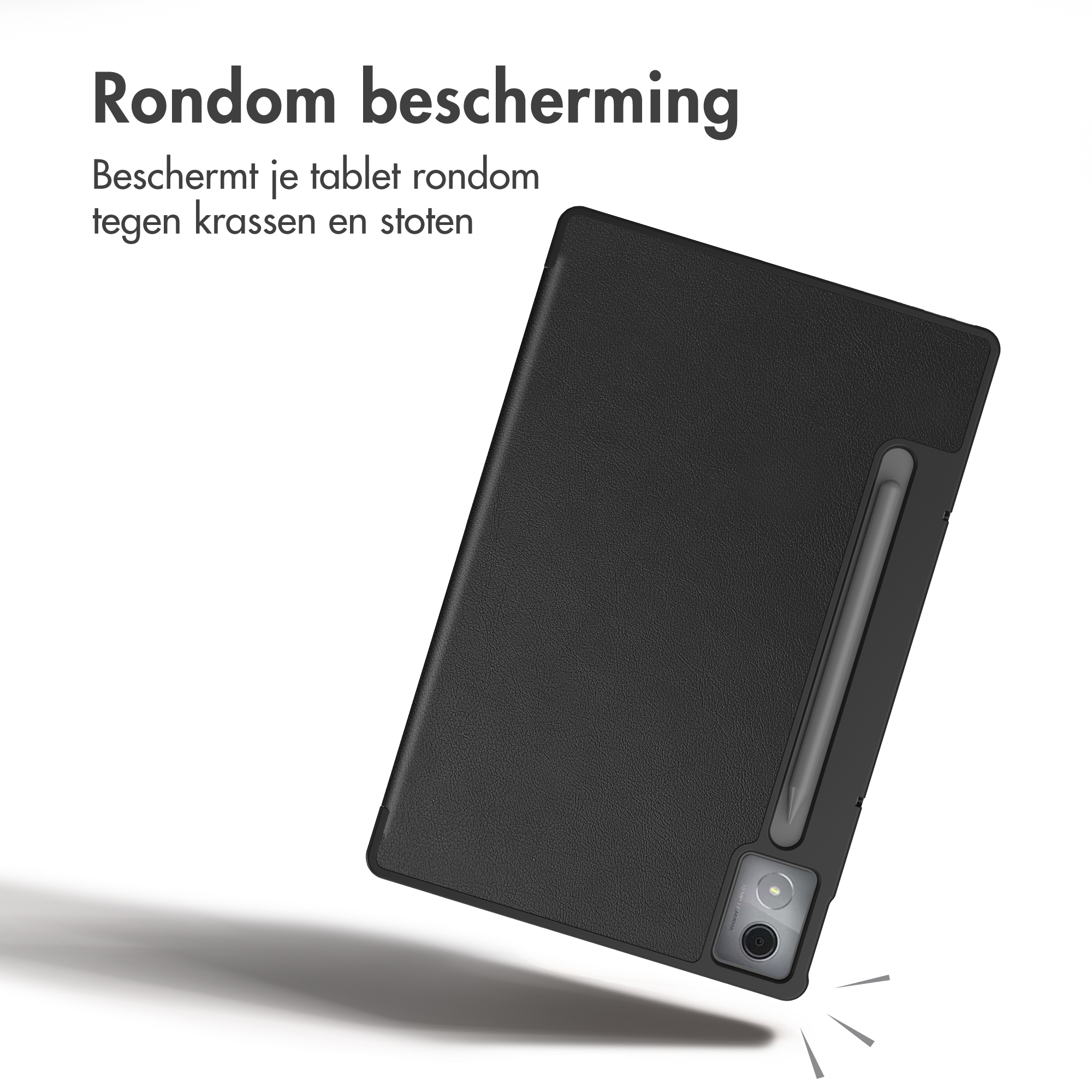 Black tablet case with a stylus holder and camera cutout on a light background.