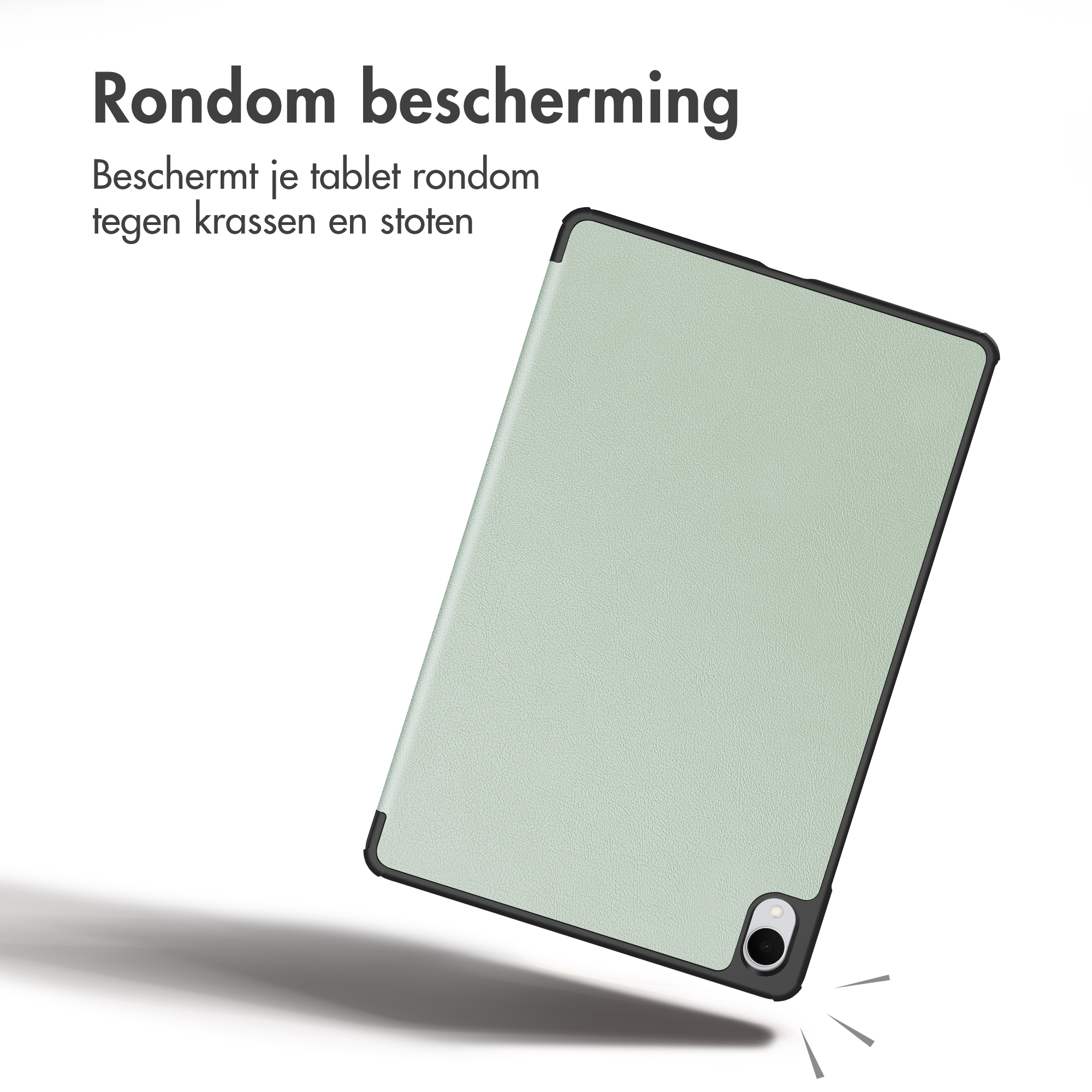 A light green tablet case with Dutch text on a white background.
