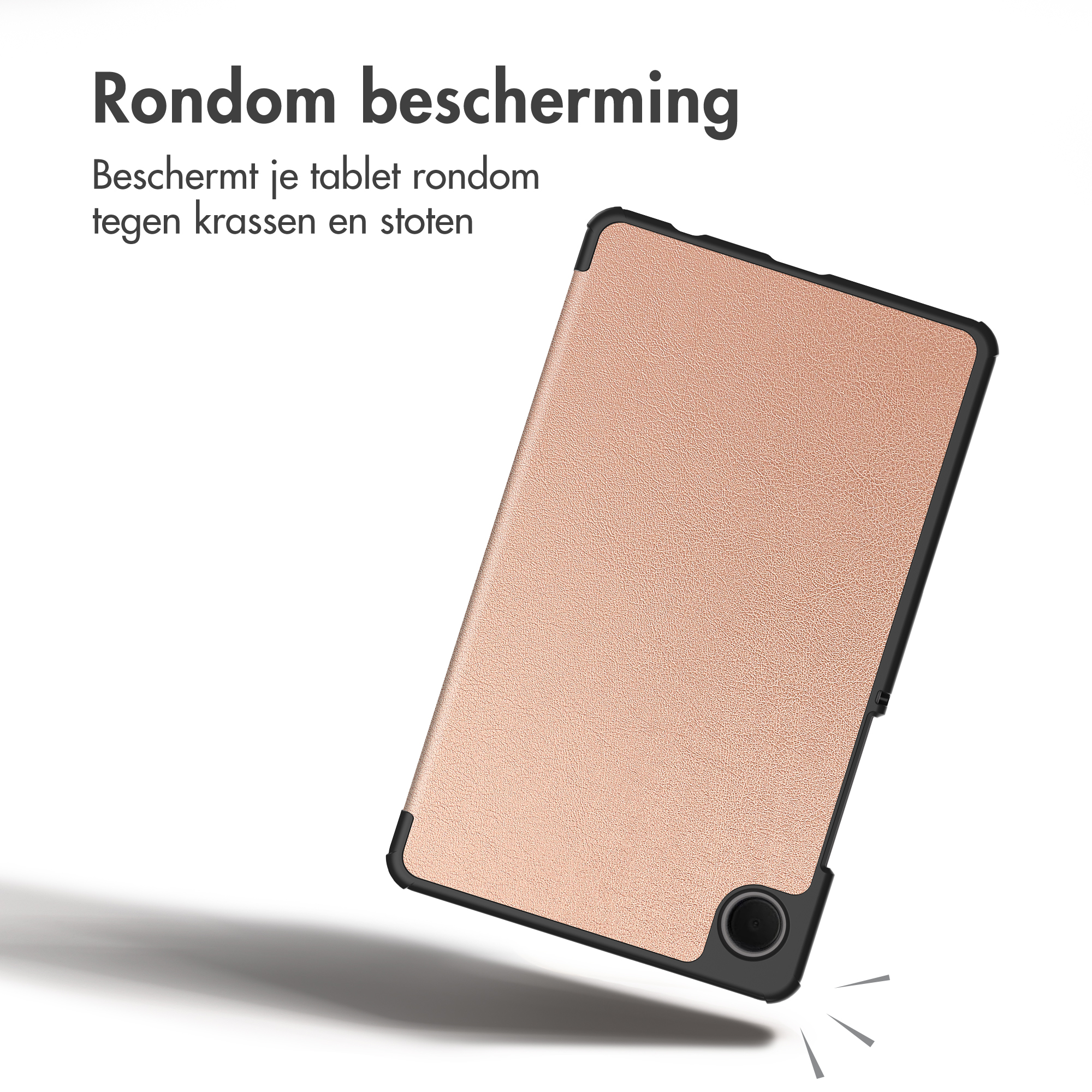 Rosegoldenes Tablet-Cover mit schwarzem Rand und Text oben links.