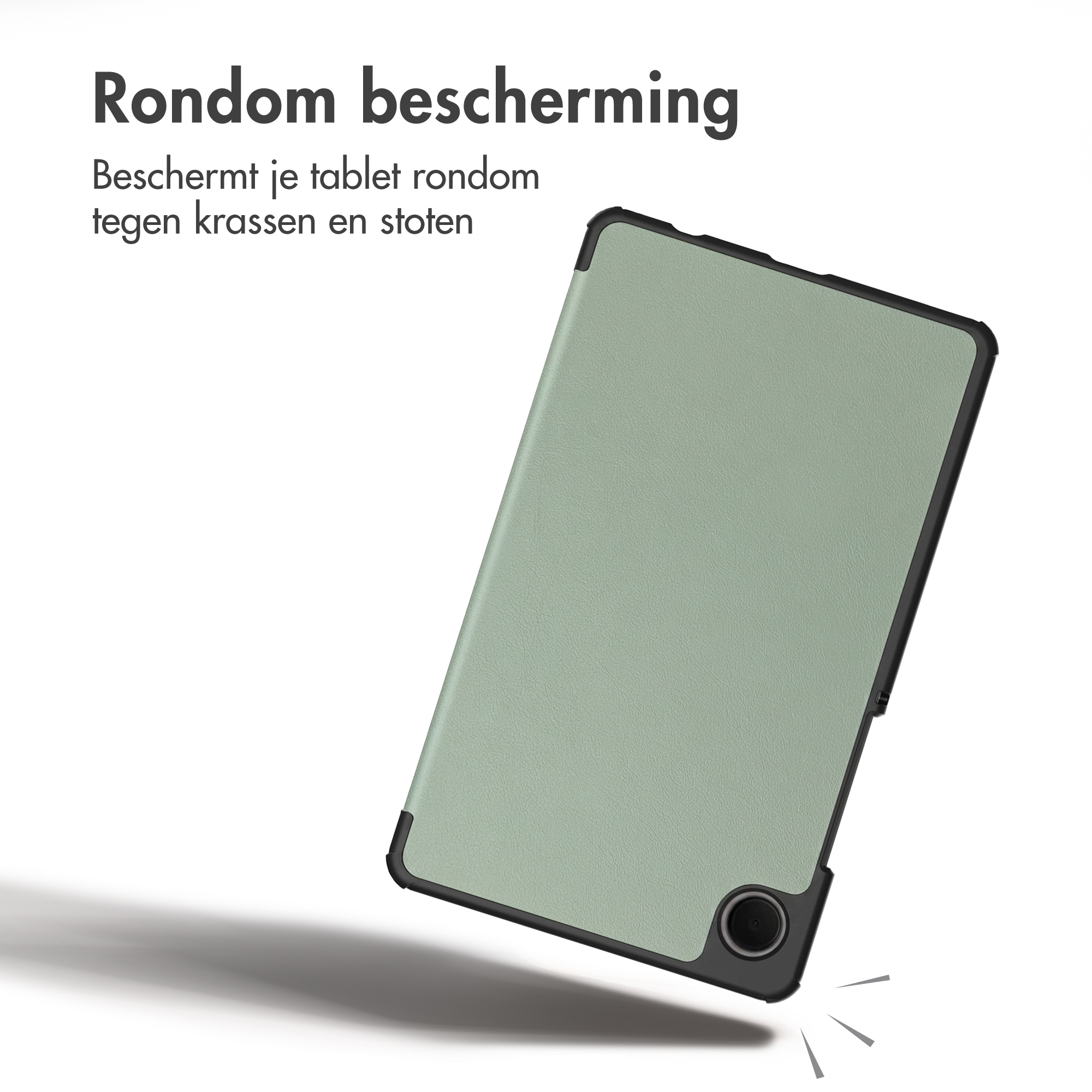 Tablet in een lichtgroene hoes met zwarte rand en tekst linksboven.