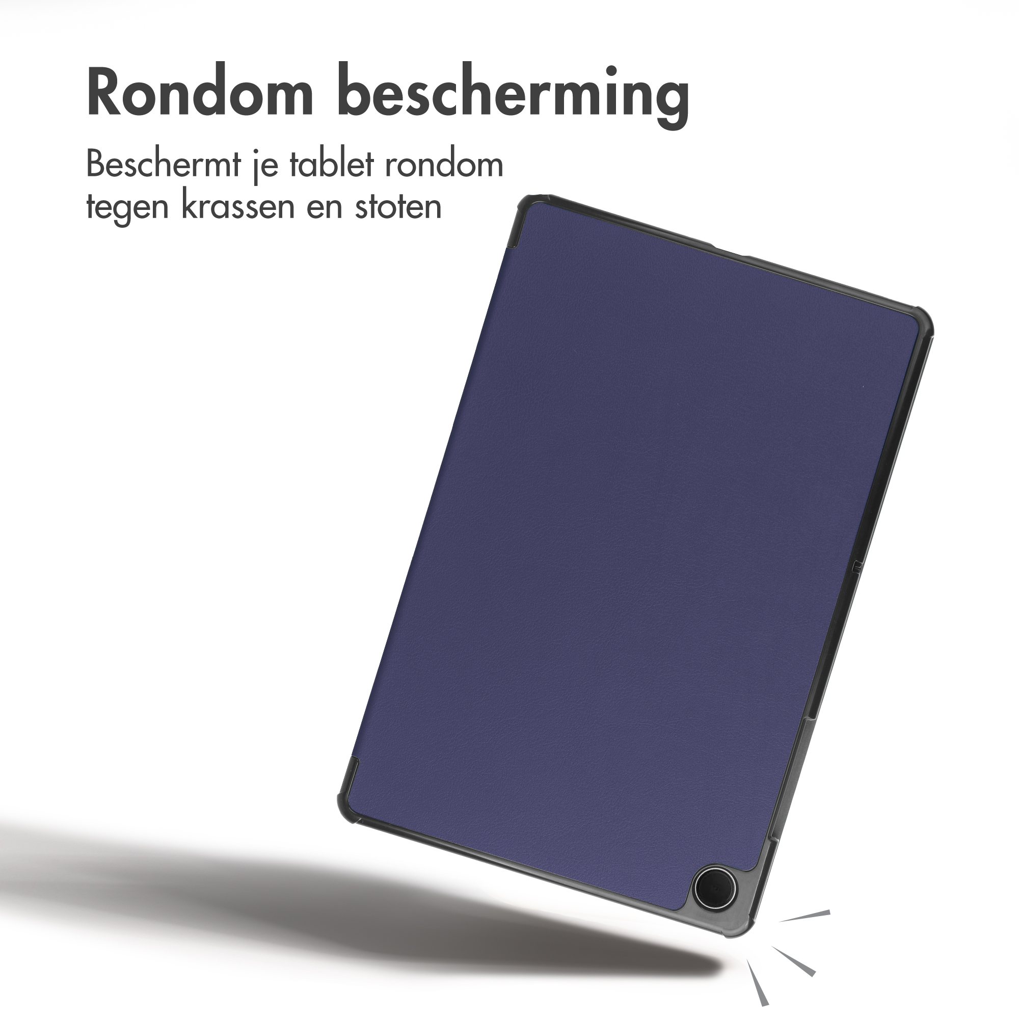 Una custodia per tablet blu scuro con testo e ombra.