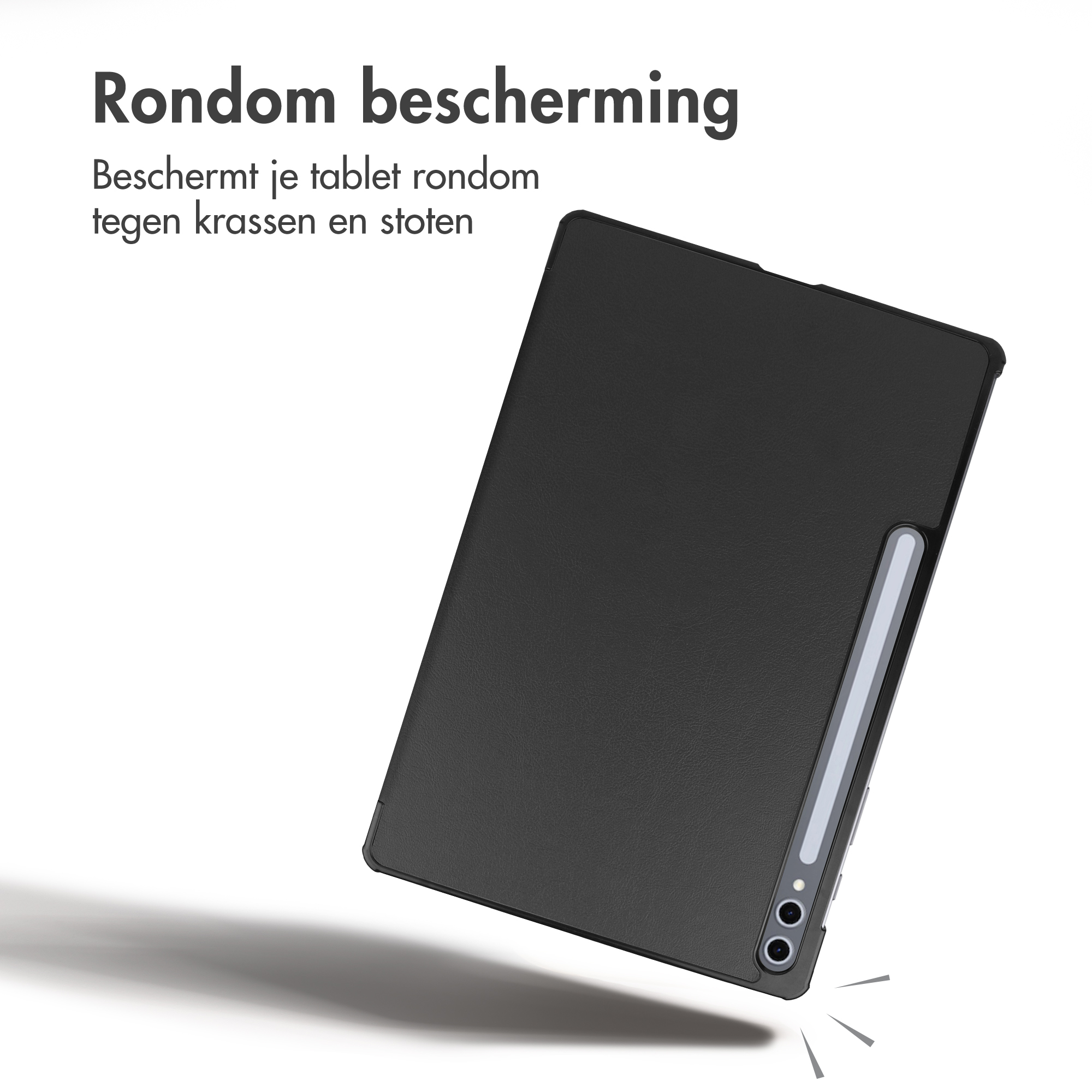 Black tablet case with stylus and text in the top left.