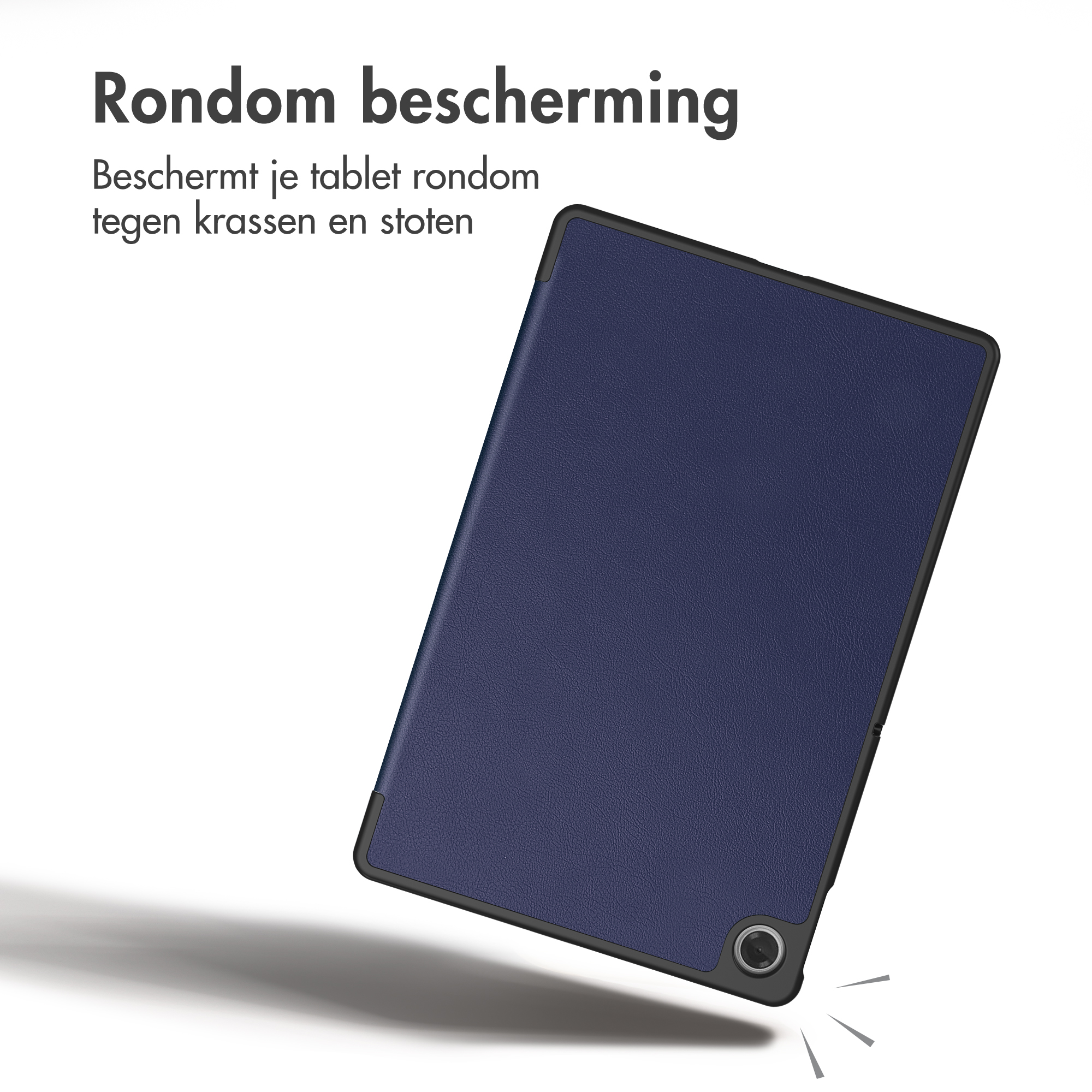 Blauwe tablethoes met bescherming en tekst op witte achtergrond.