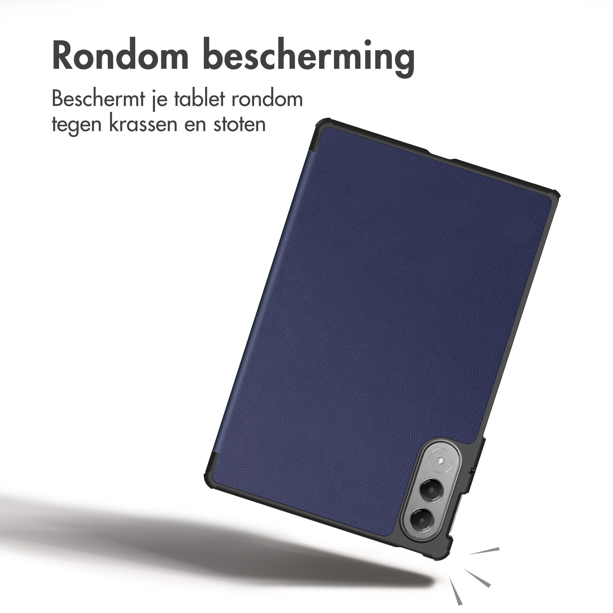 Blue tablet protective case with a black frame on a white background with Dutch text.