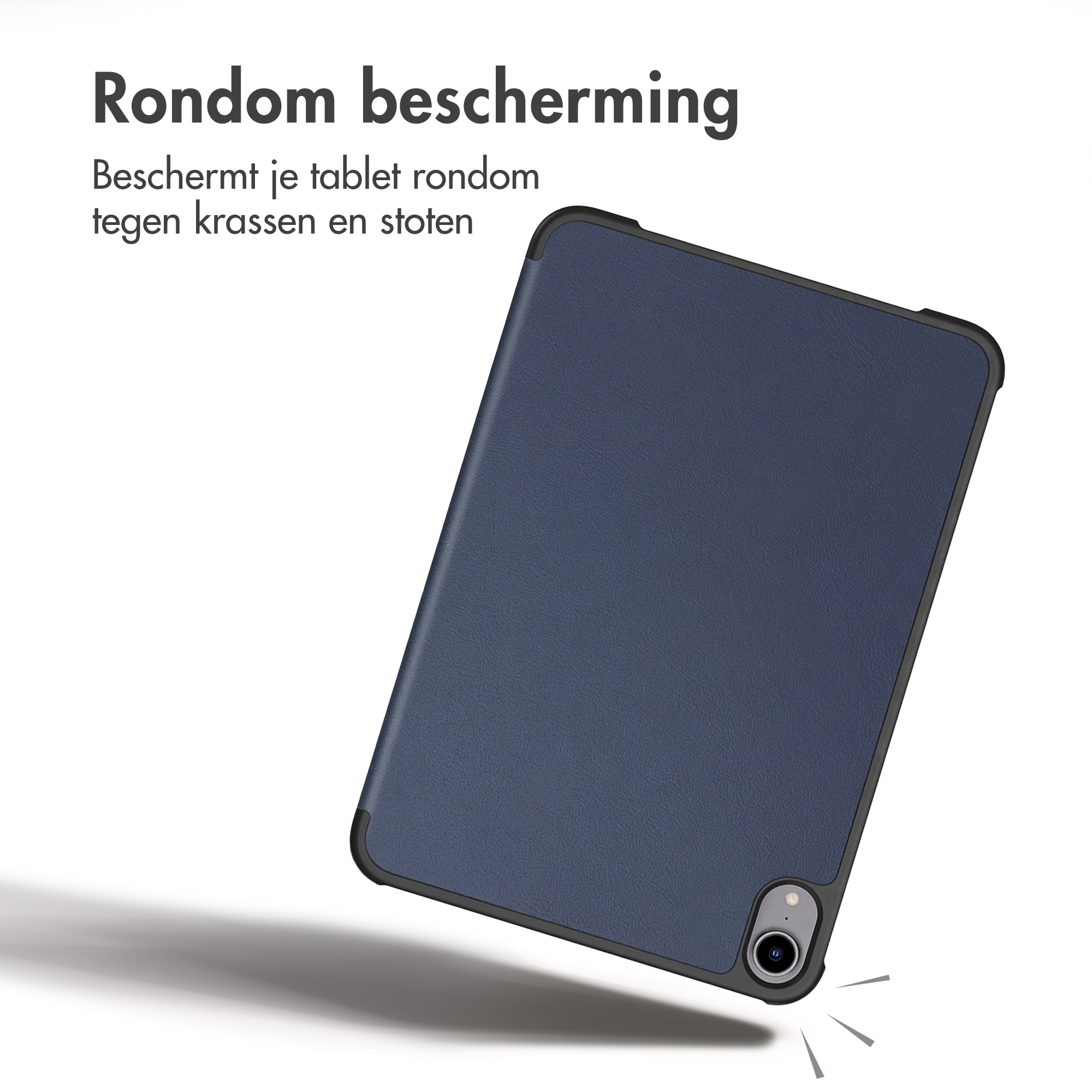 Un étui de tablette bleu sur fond blanc avec du texte promotionnel néerlandais.