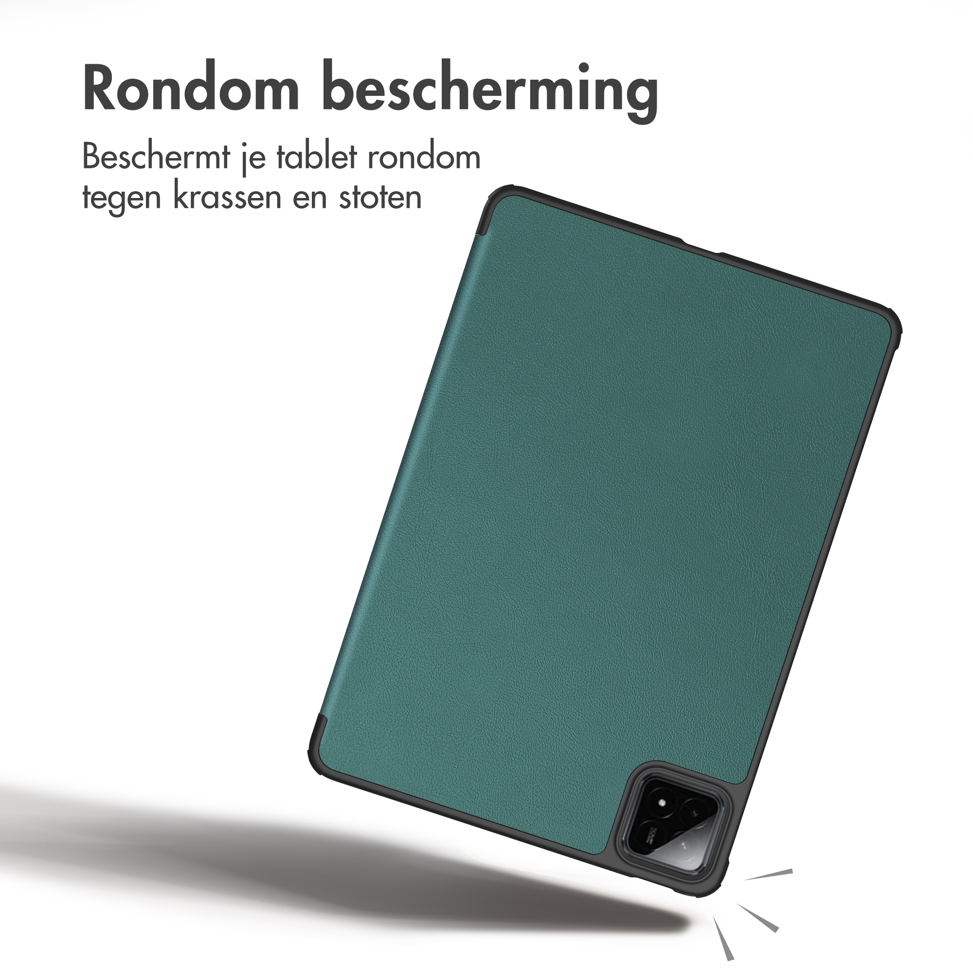 Green tablet case with a black frame and camera cutout on a white background with text.