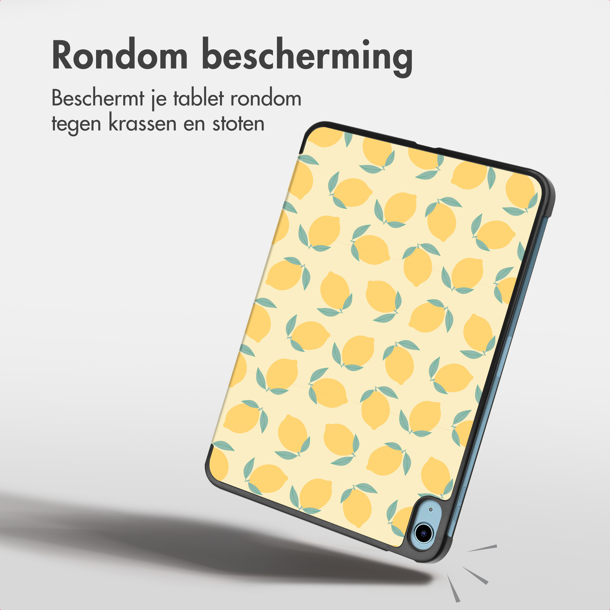 Una custodia per tablet con motivo a limoni gialli su sfondo chiaro.