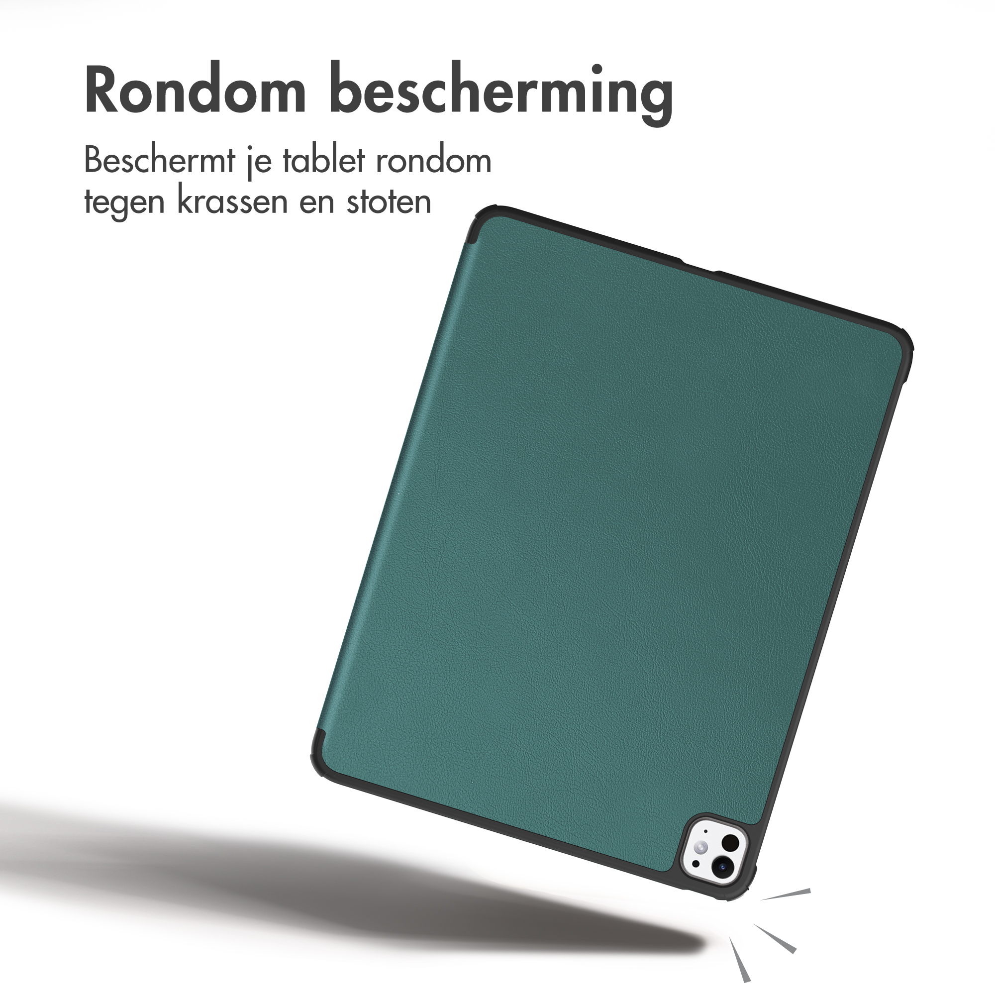 Un étui de tablette vert canard avec une bordure sombre et du texte néerlandais en haut à gauche.
