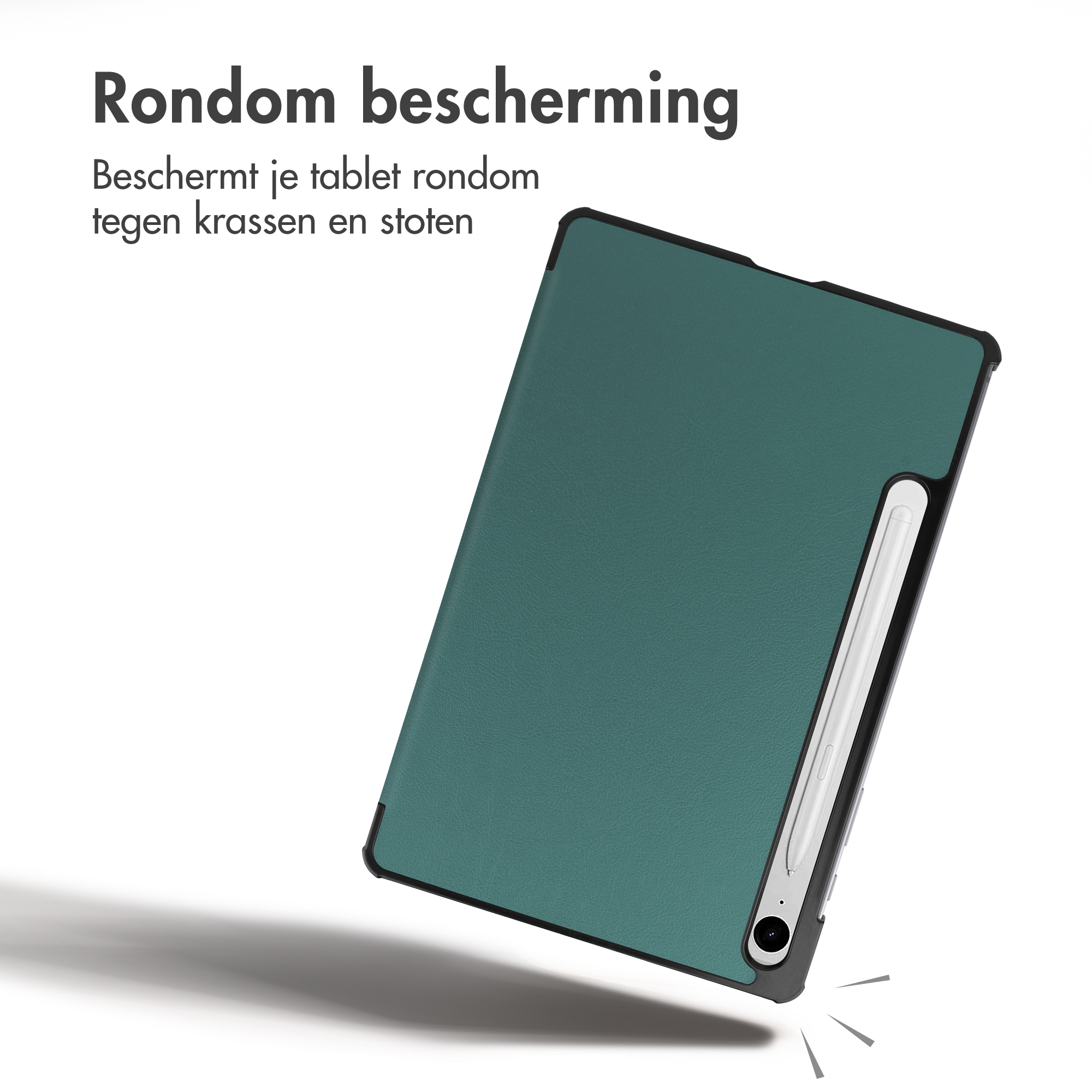 Green tablet case with an integrated stylus on a white background and text.