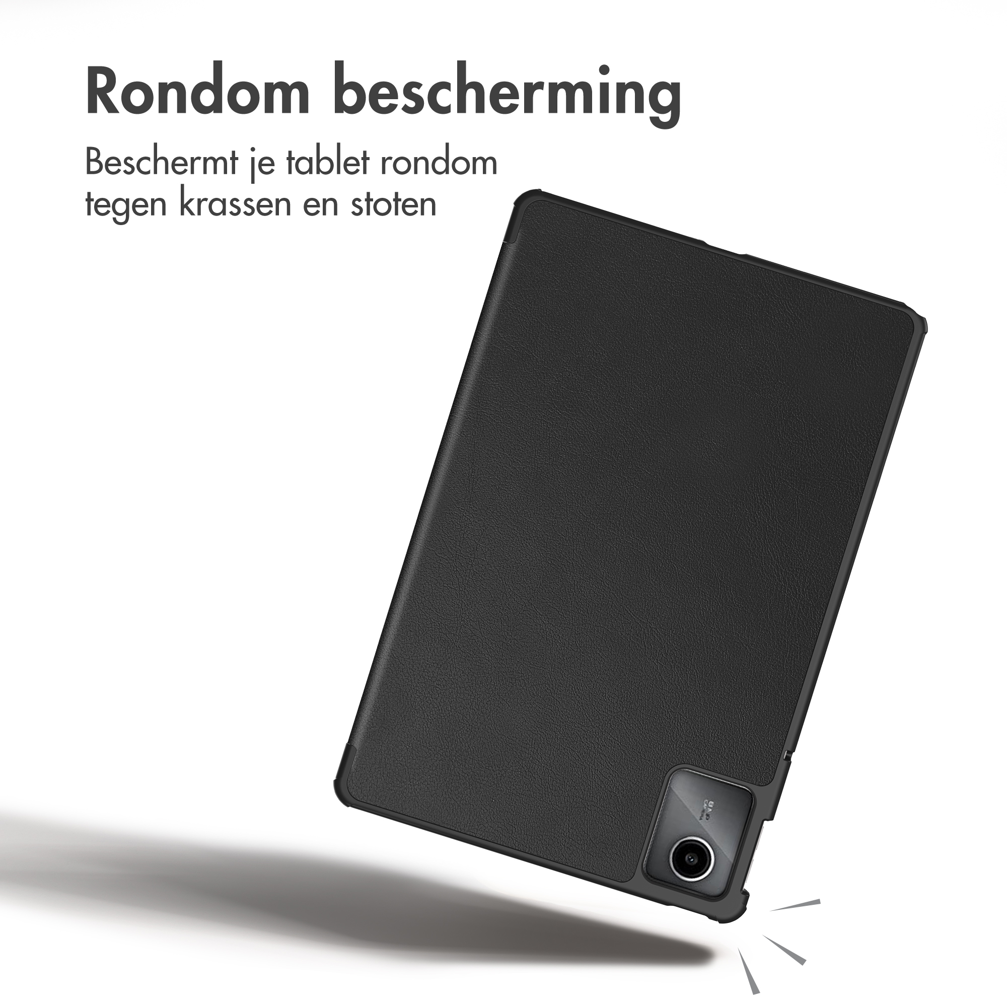 Zwarte beschermende tablethoes met camera-uitsparing en tekst op witte achtergrond.