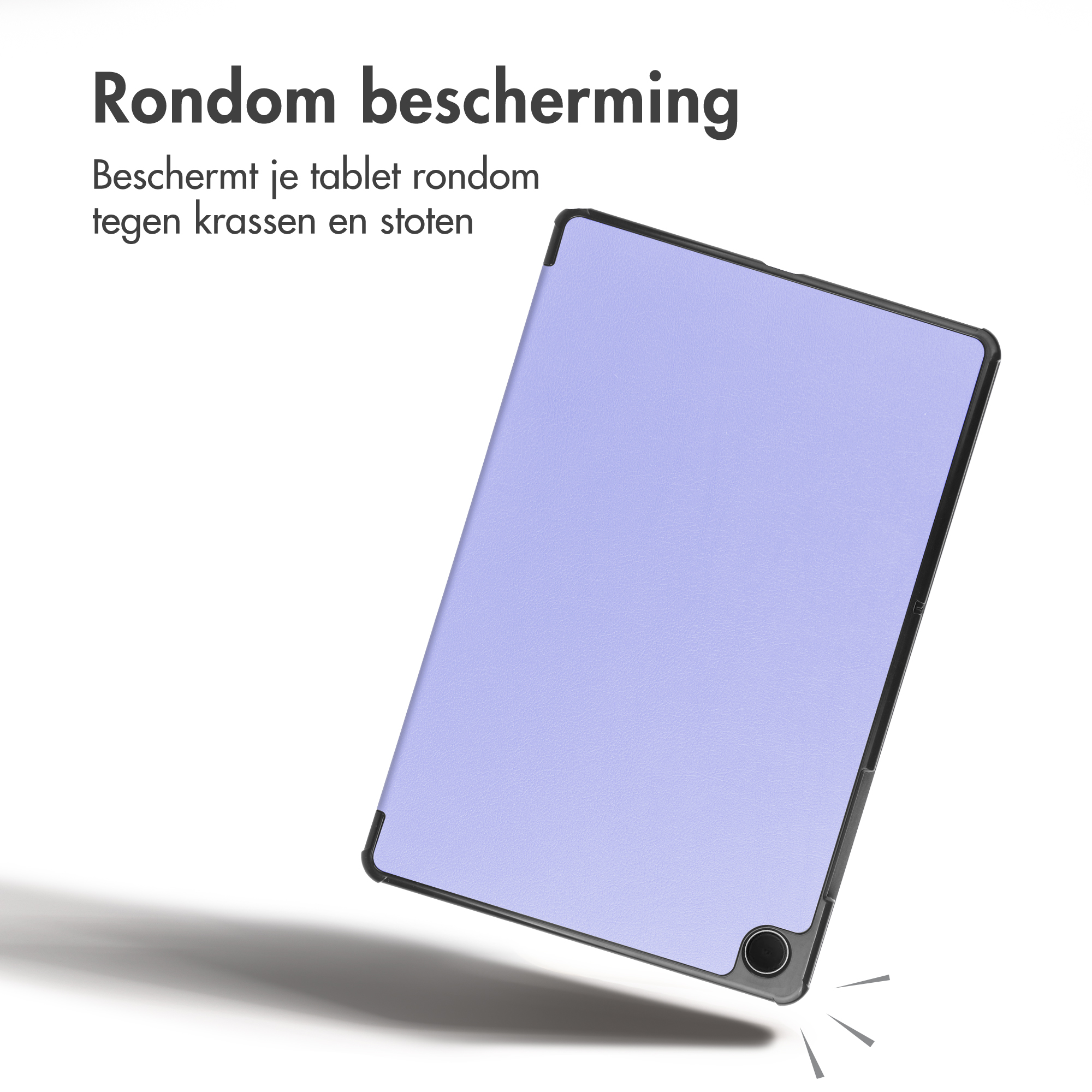 A purple tablet case with text on a white background, protecting the device from impacts.