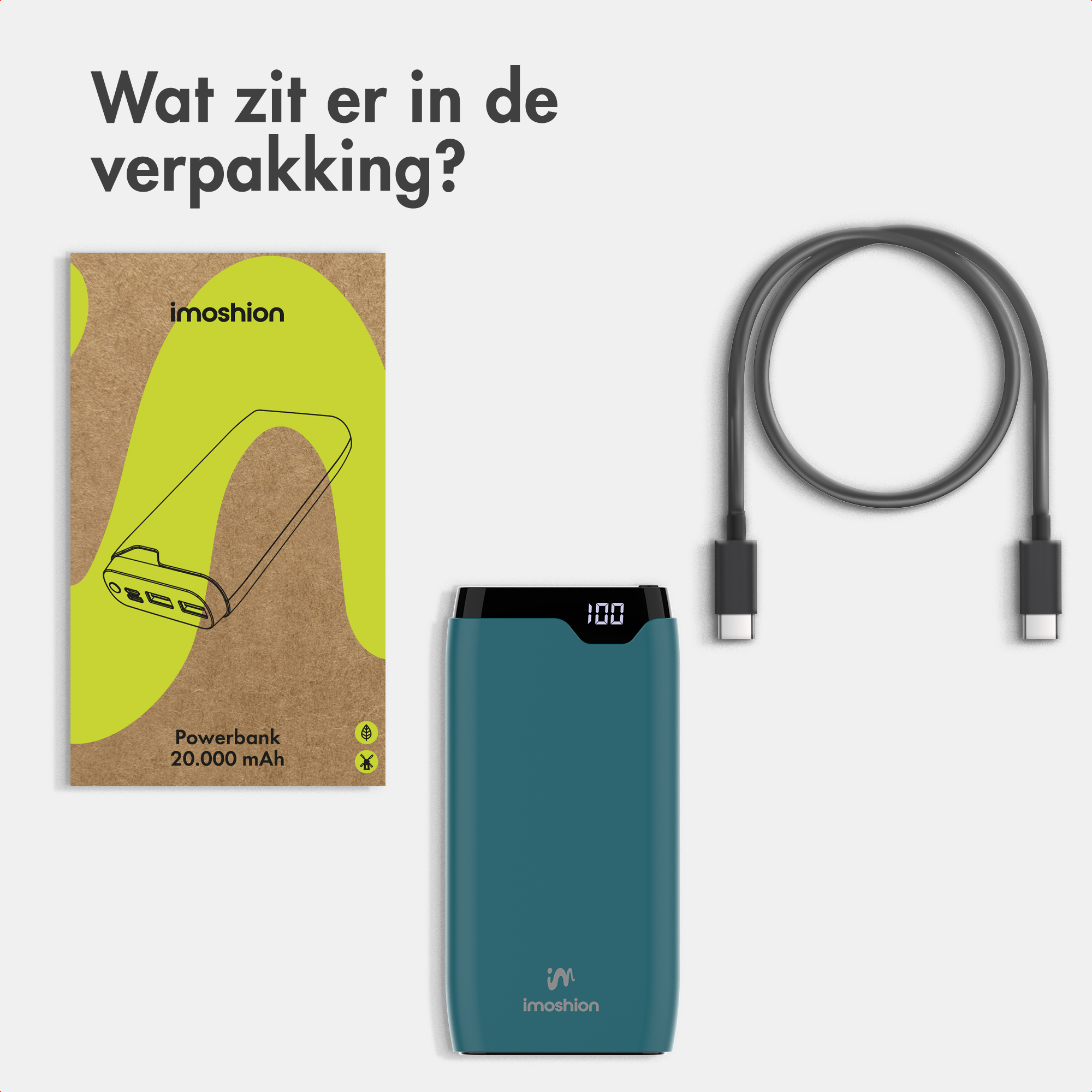 Inhalt des Imoshion 20.000 mAh Powerbank-Pakets mit Anleitung, blauer Powerbank und grauem USB-Kabel auf grau.
