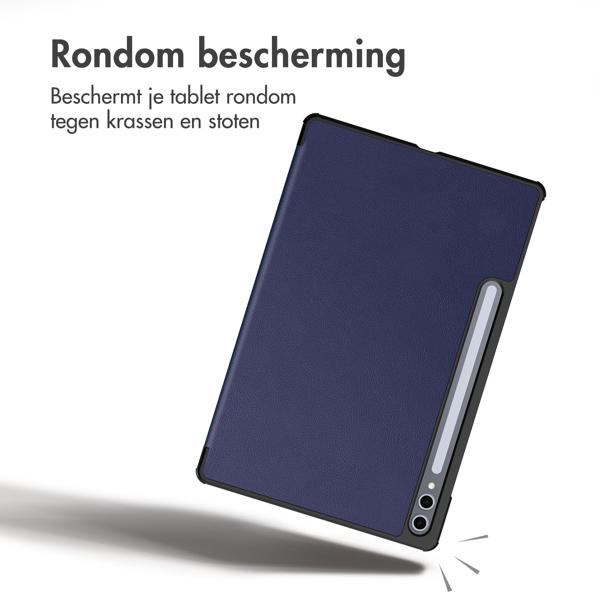 Custodia per tablet blu con portapenne integrato su sfondo bianco con testo.
