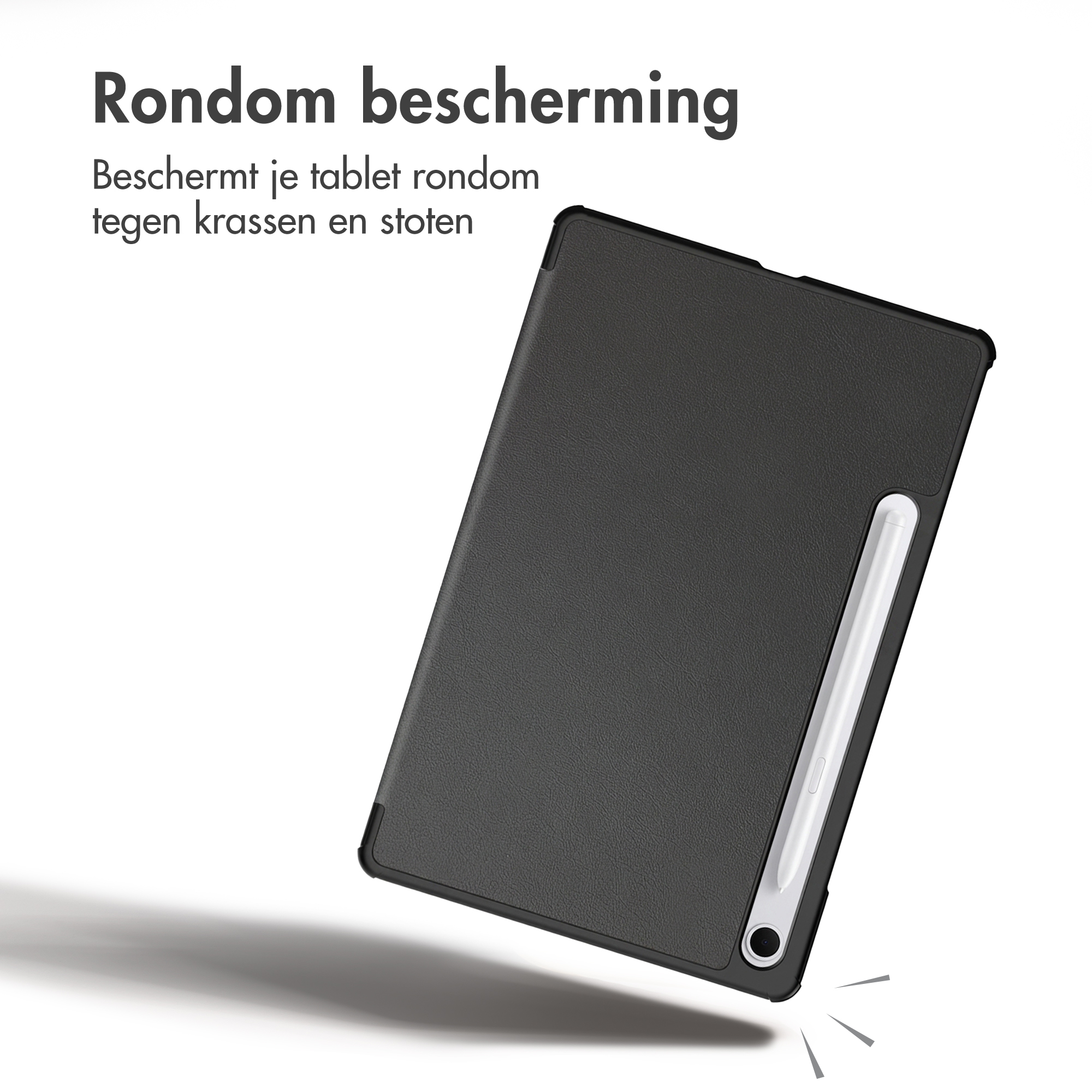 Un tablet nero in custodia protettiva con pennino su sfondo bianco e testo.