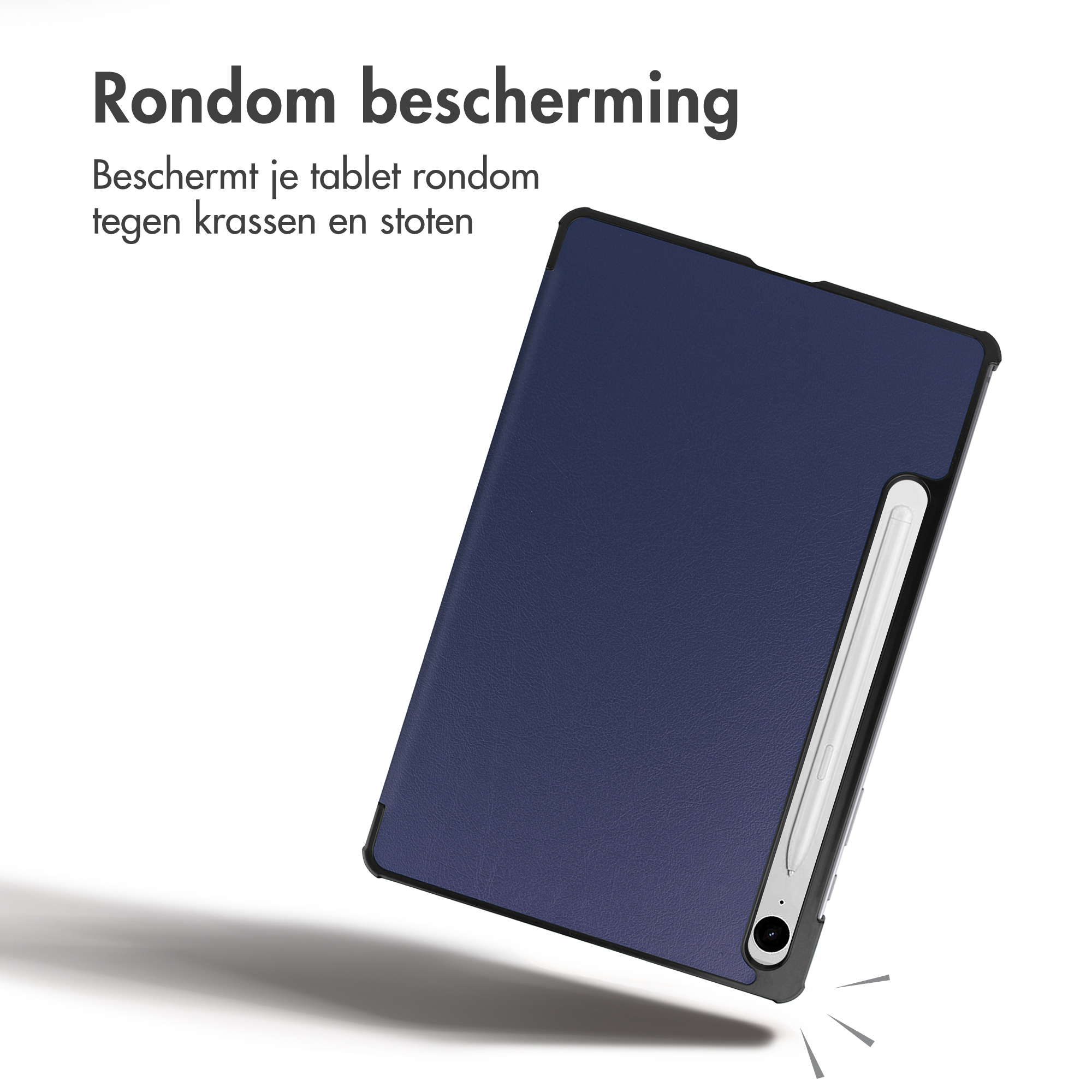 Blue tablet case with integrated stylus on white background with text.