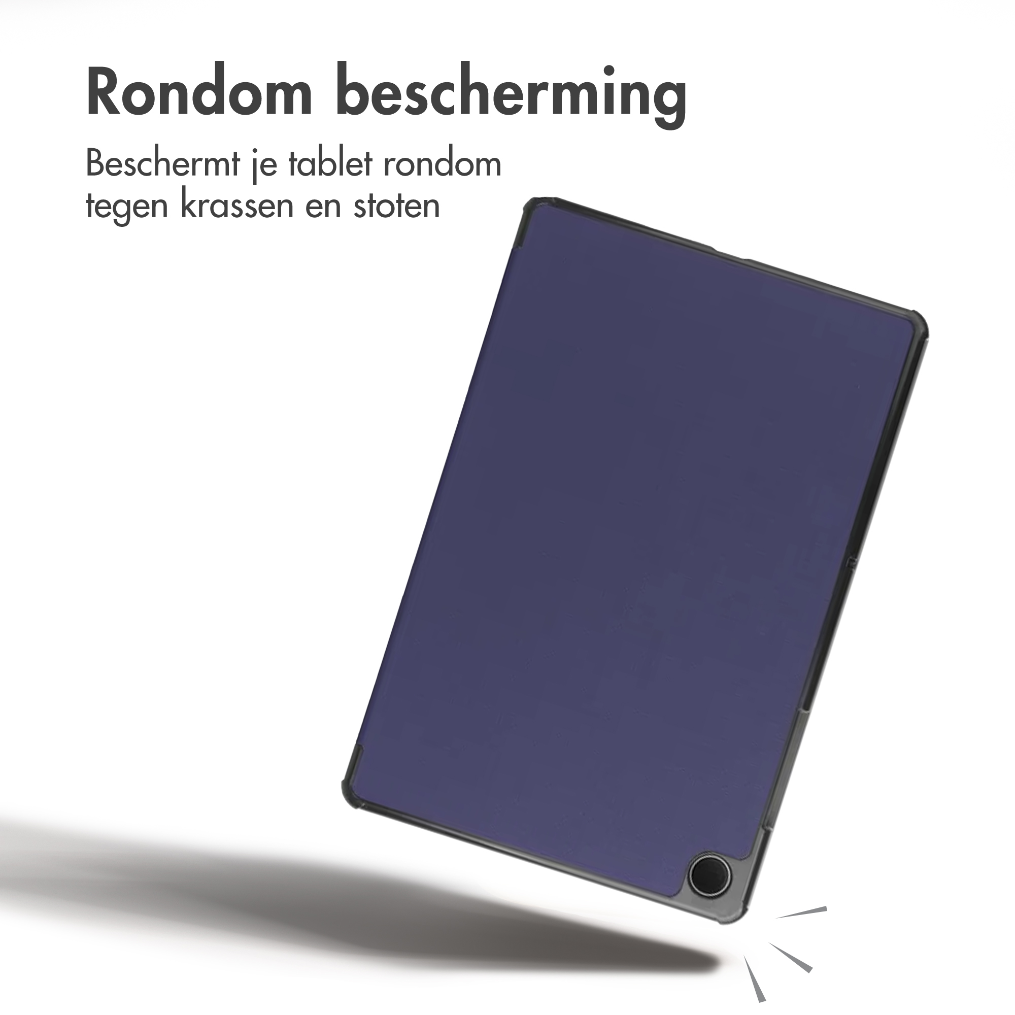 A tablet in a blue protective case on a white background with Dutch text.