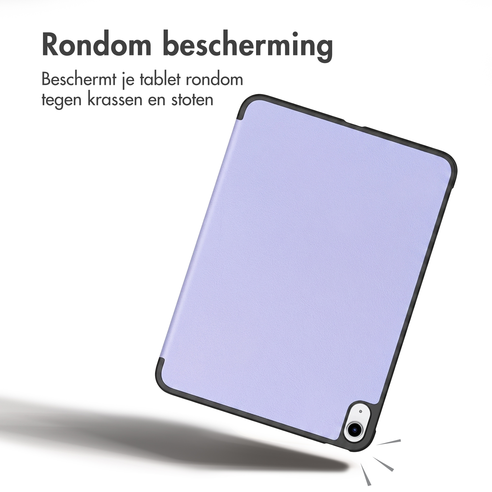 Ein lilafarbener Tablet-Schutz mit schwarzem Rahmen auf weißem Hintergrund und Text oben.