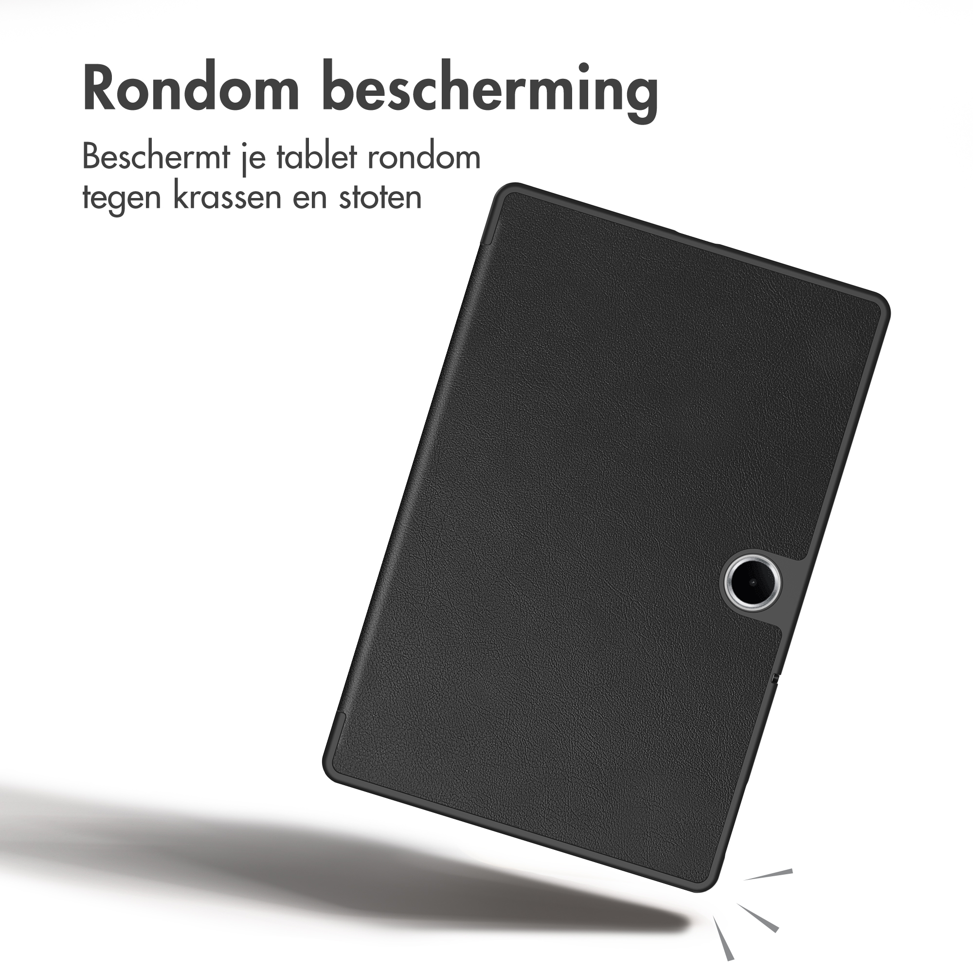 Black tablet case with a camera cutout and text on the top left.
