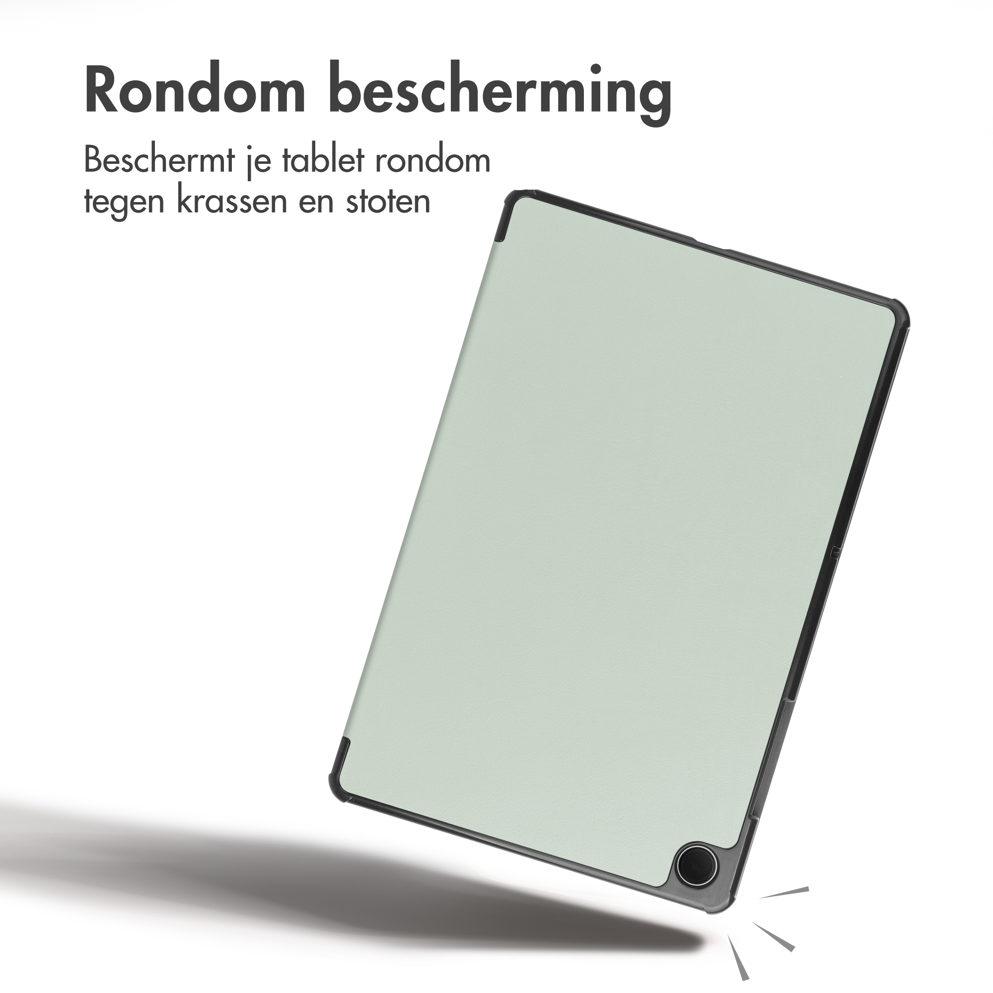 A gray tablet in a light green case floats against a white background with text.