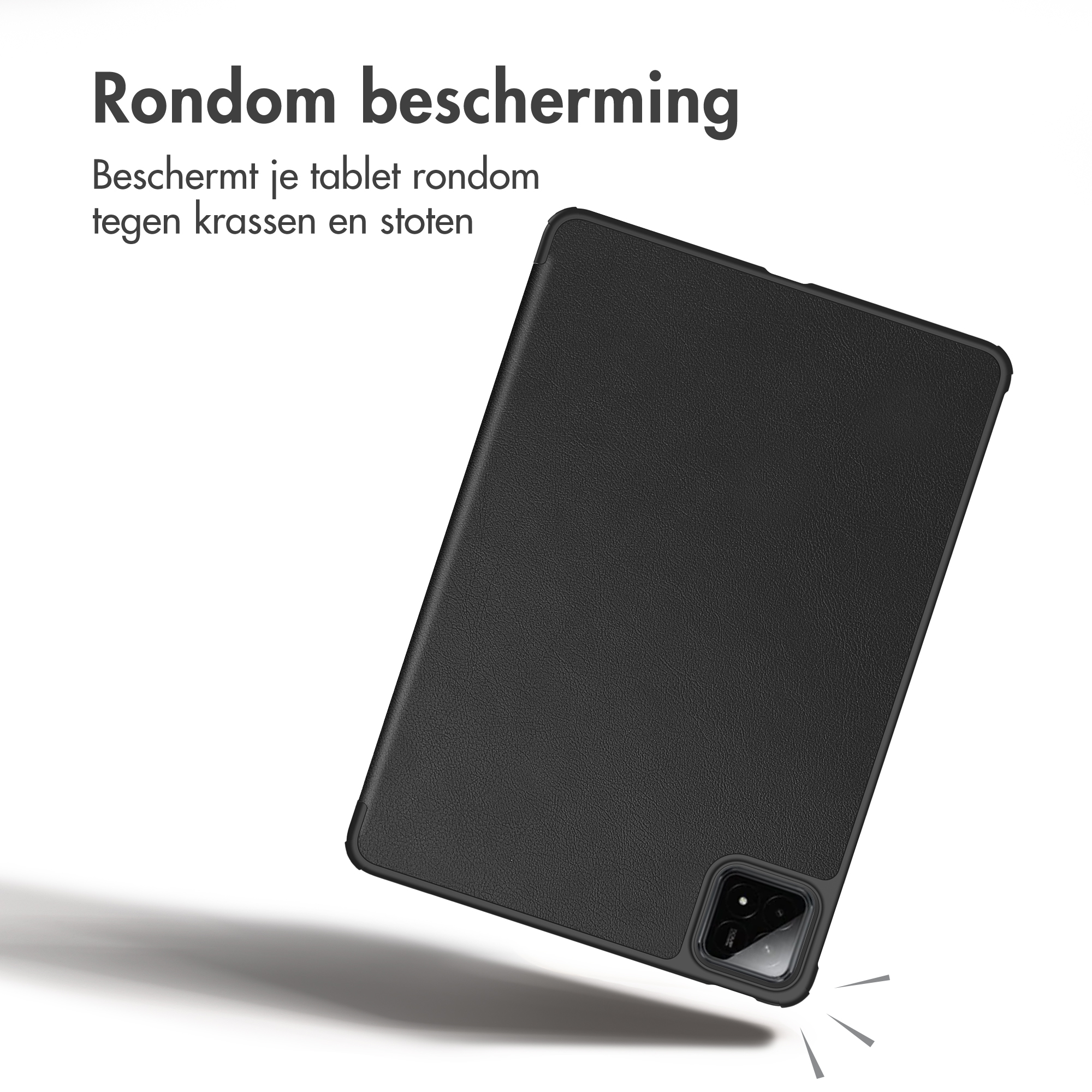 Black tablet case with camera cutout and text on a white background.
