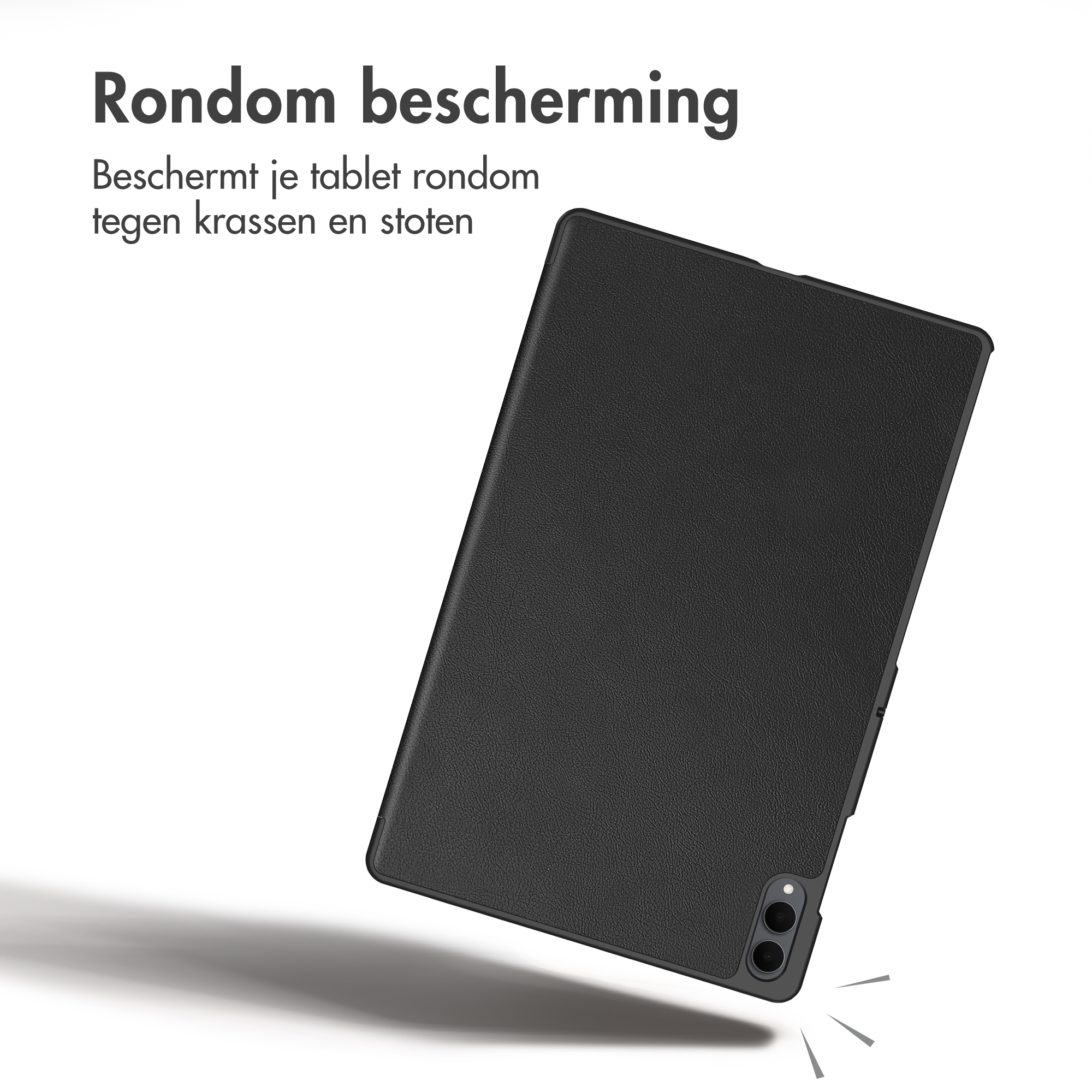 Une tablette noire dans une coque avec du texte néerlandais sur fond blanc.