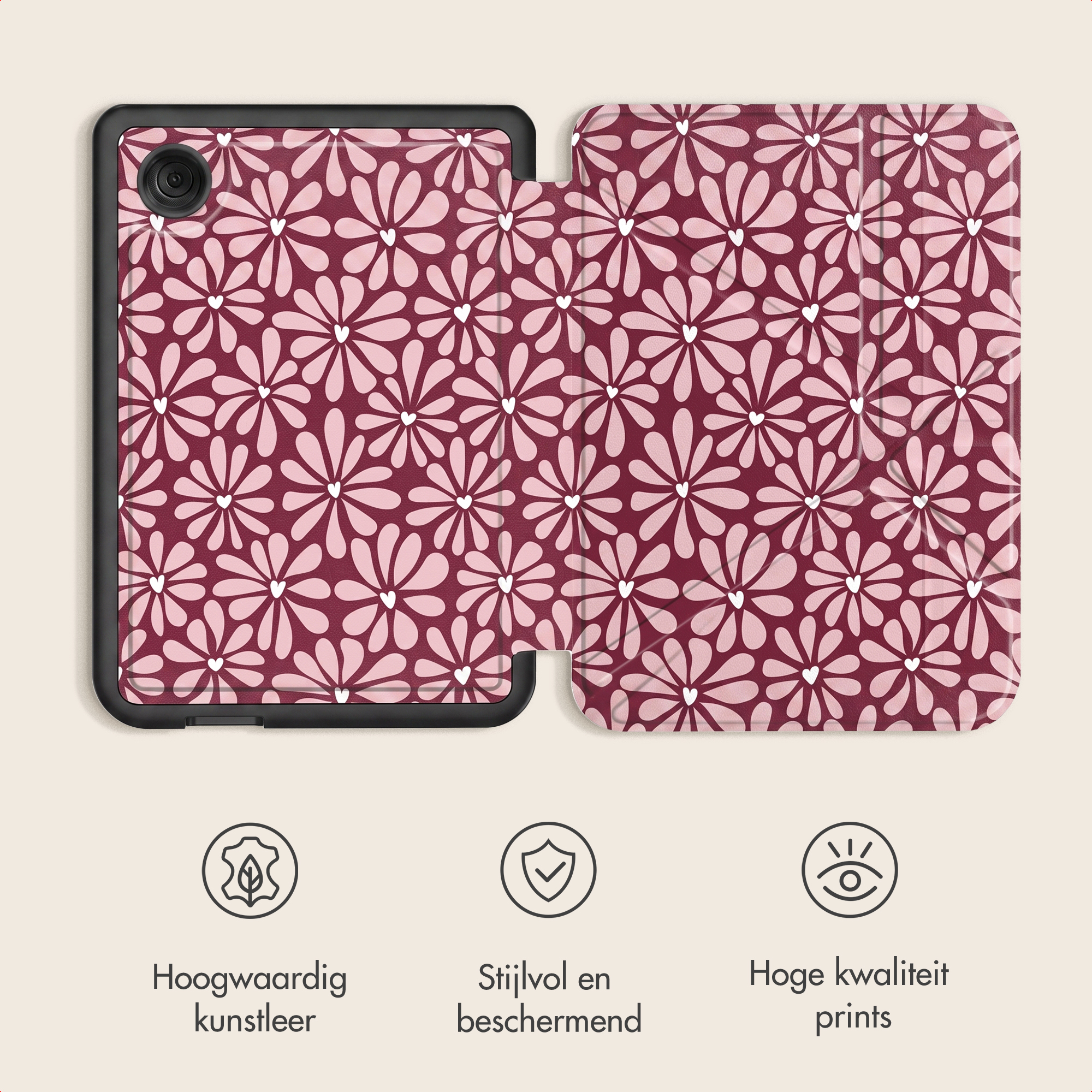 An open tablet case with a pink floral pattern featuring white hearts, and three feature icons below it.