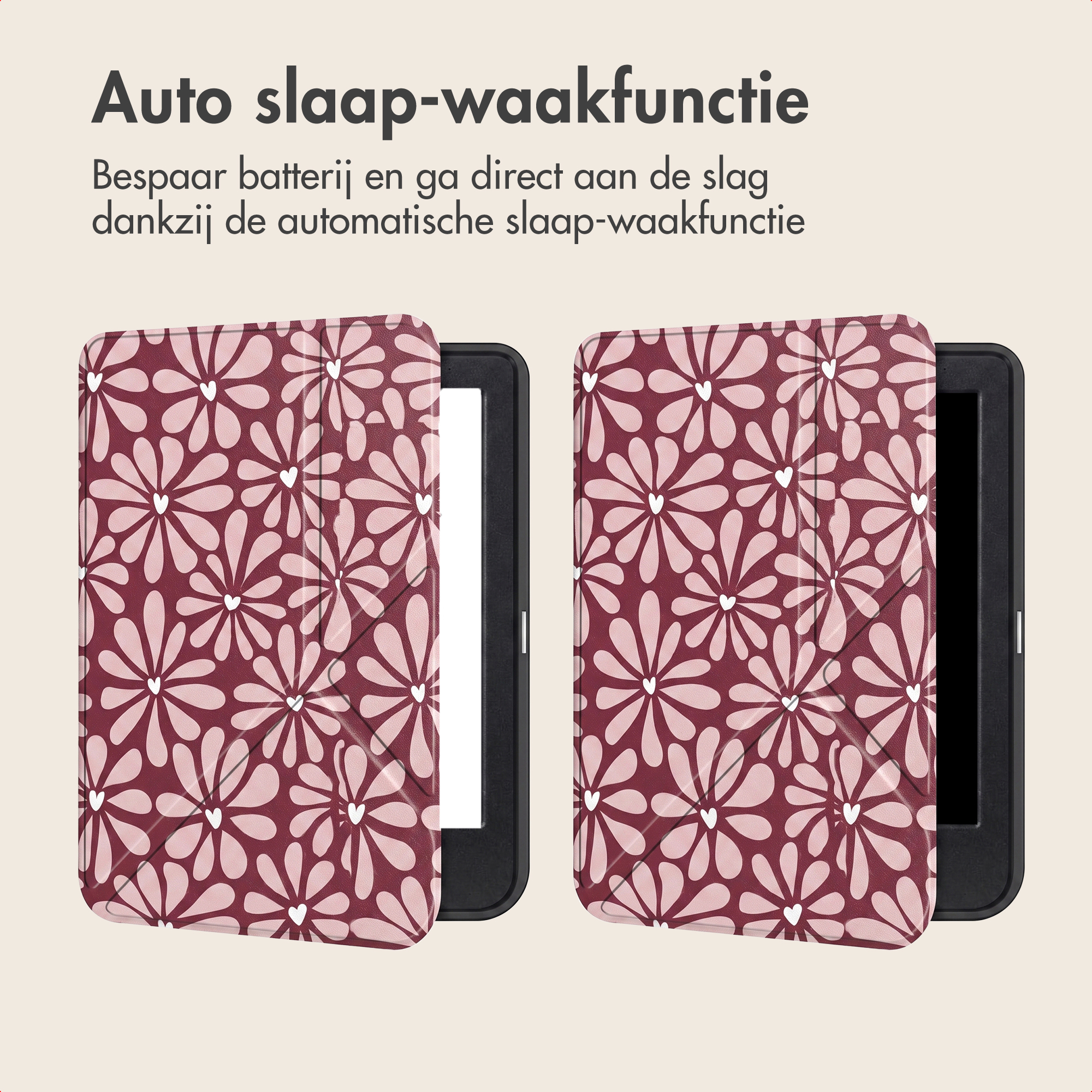 E-reader cases with pink floral pattern and text above.