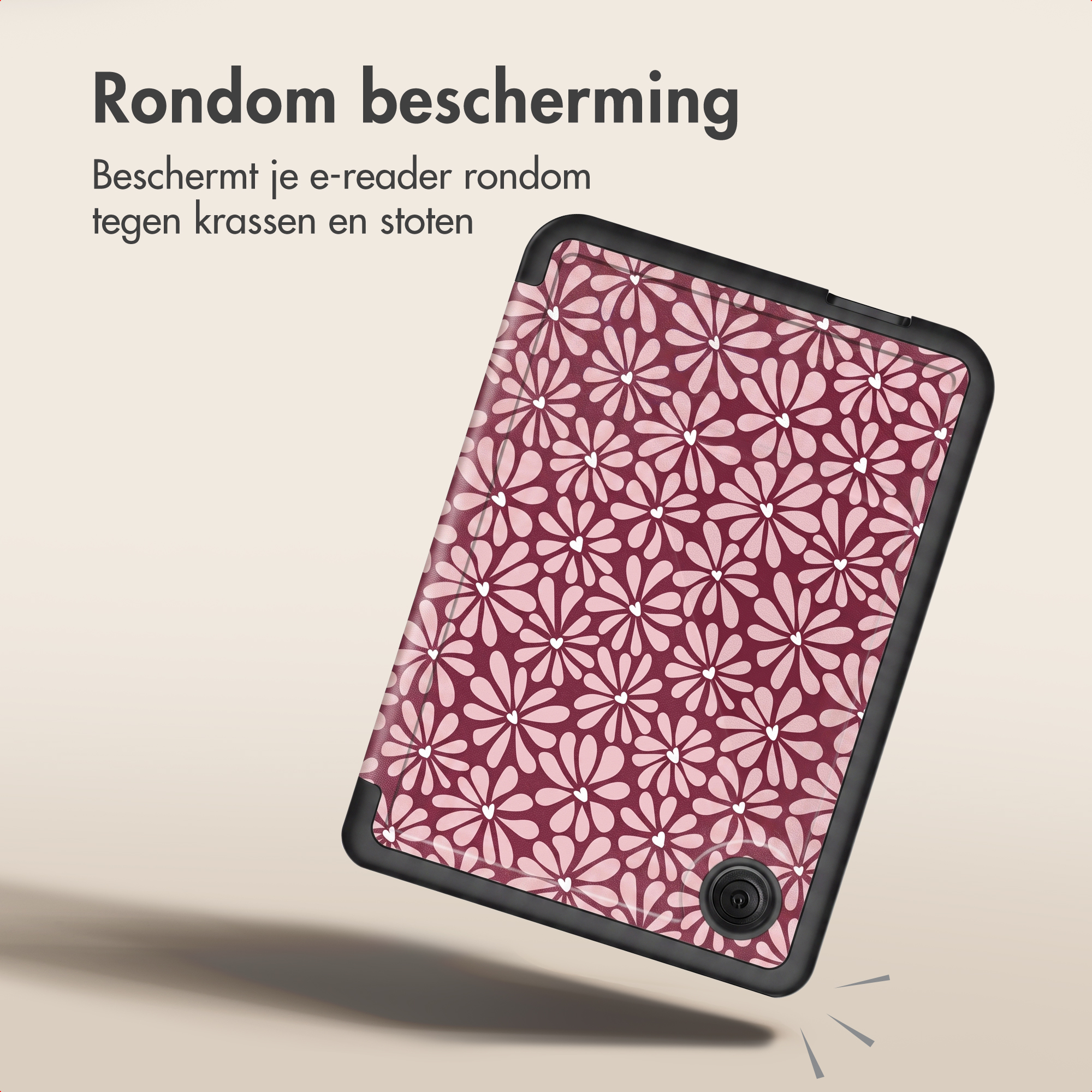 Dark red e-reader case with pink flower pattern and black frame, angled on a beige background with Dutch text.