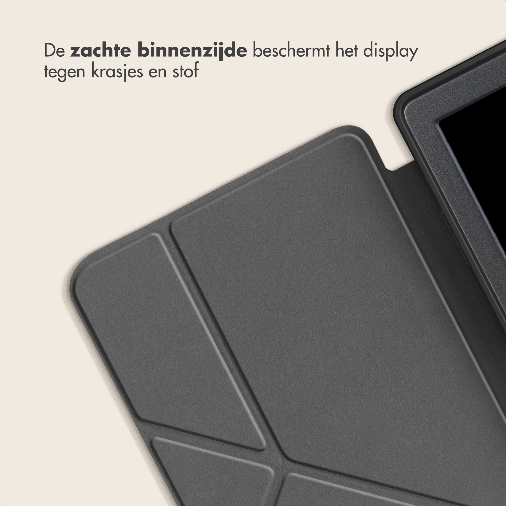 A gray tablet case with a soft interior and Dutch text.