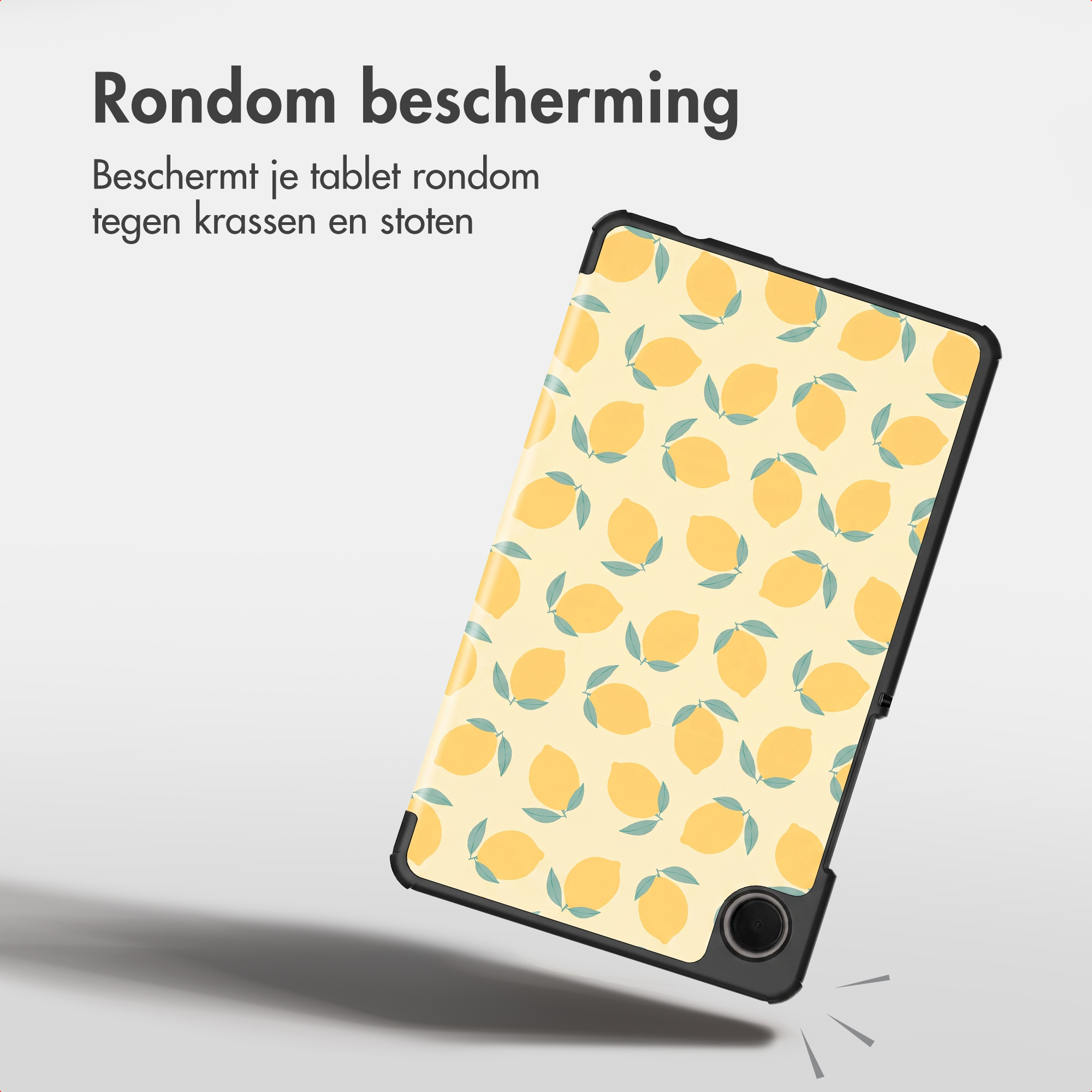 A tablet in a protective case with a yellow lemon pattern on a beige background, with Dutch text.