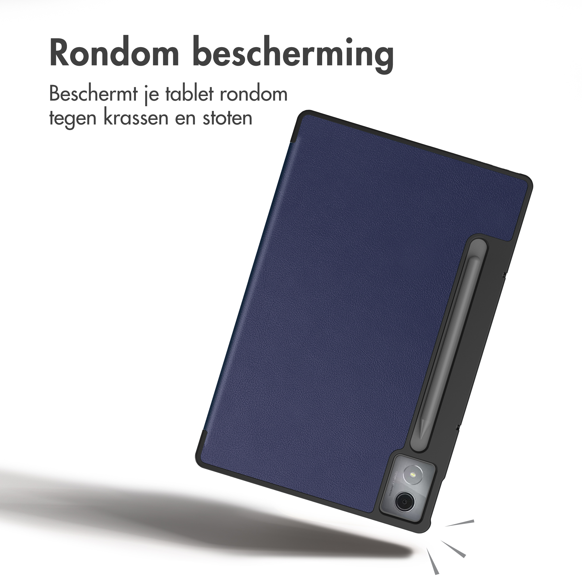 A blue tablet case with a stylus holder and camera cutout, with Dutch promotional text.