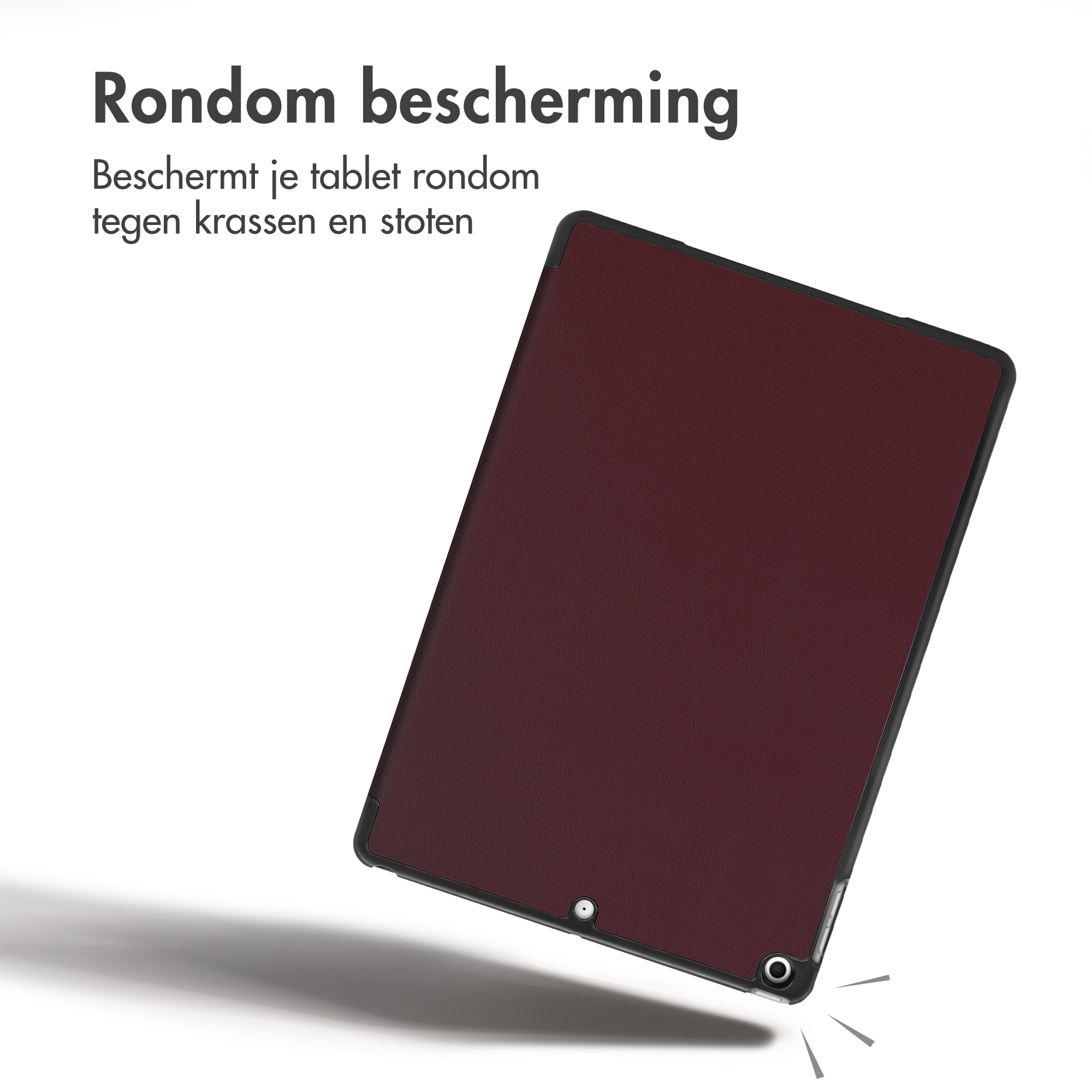 Una custodia per tablet rosso scuro protegge il dispositivo da graffi e urti, con testo sopra.
