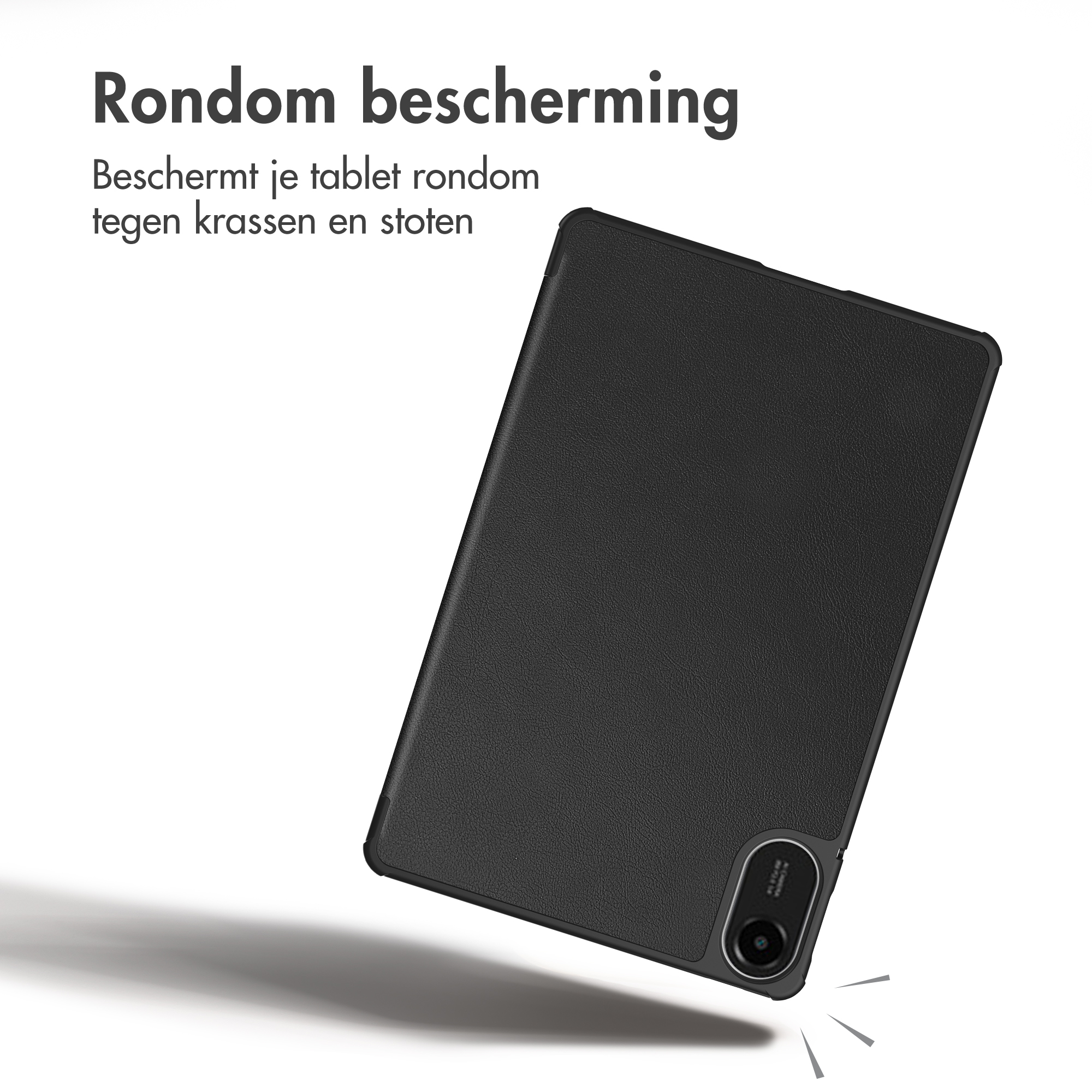 A black protective tablet case on a white background with Dutch text.