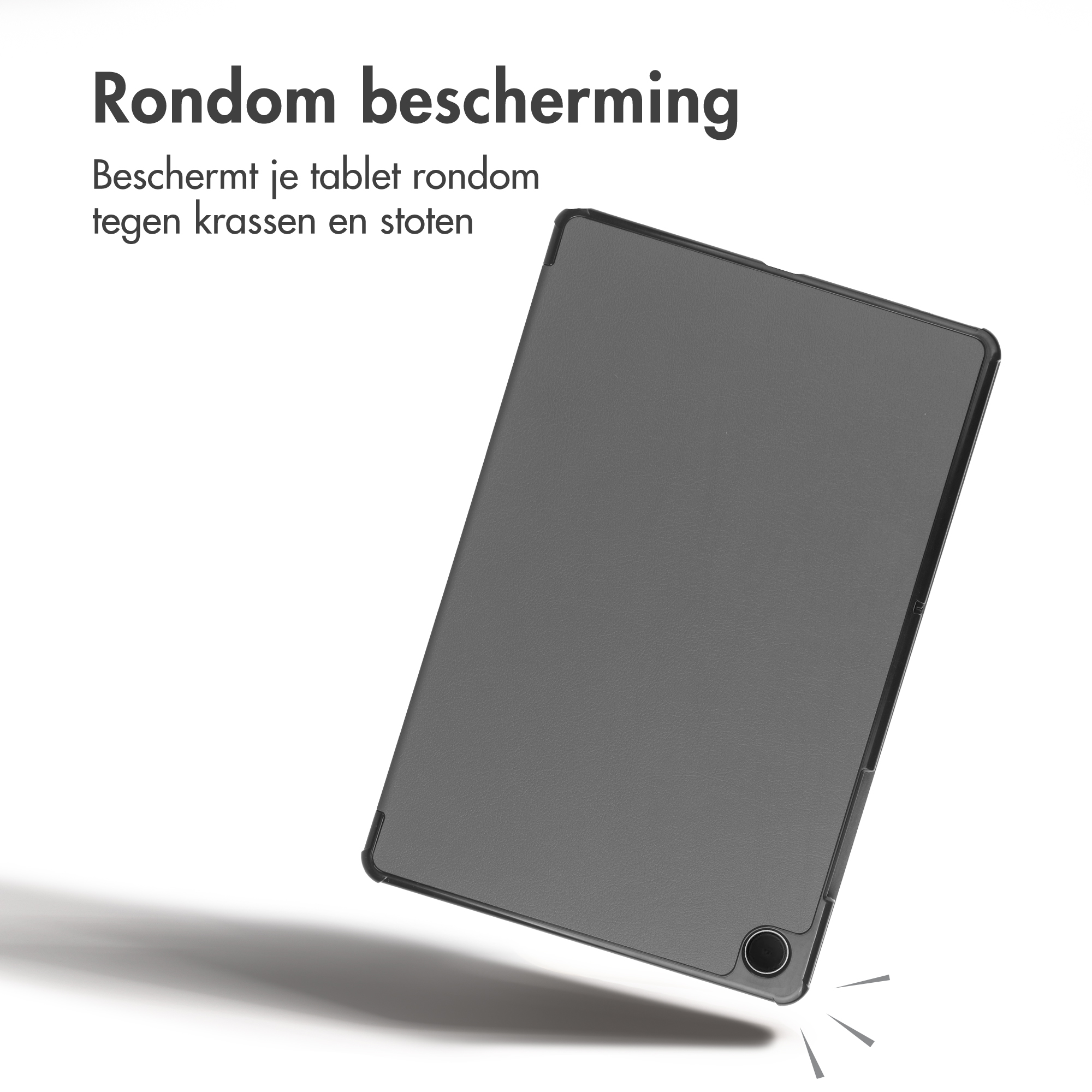 A gray tablet in a protective case floats against a white background with text above.