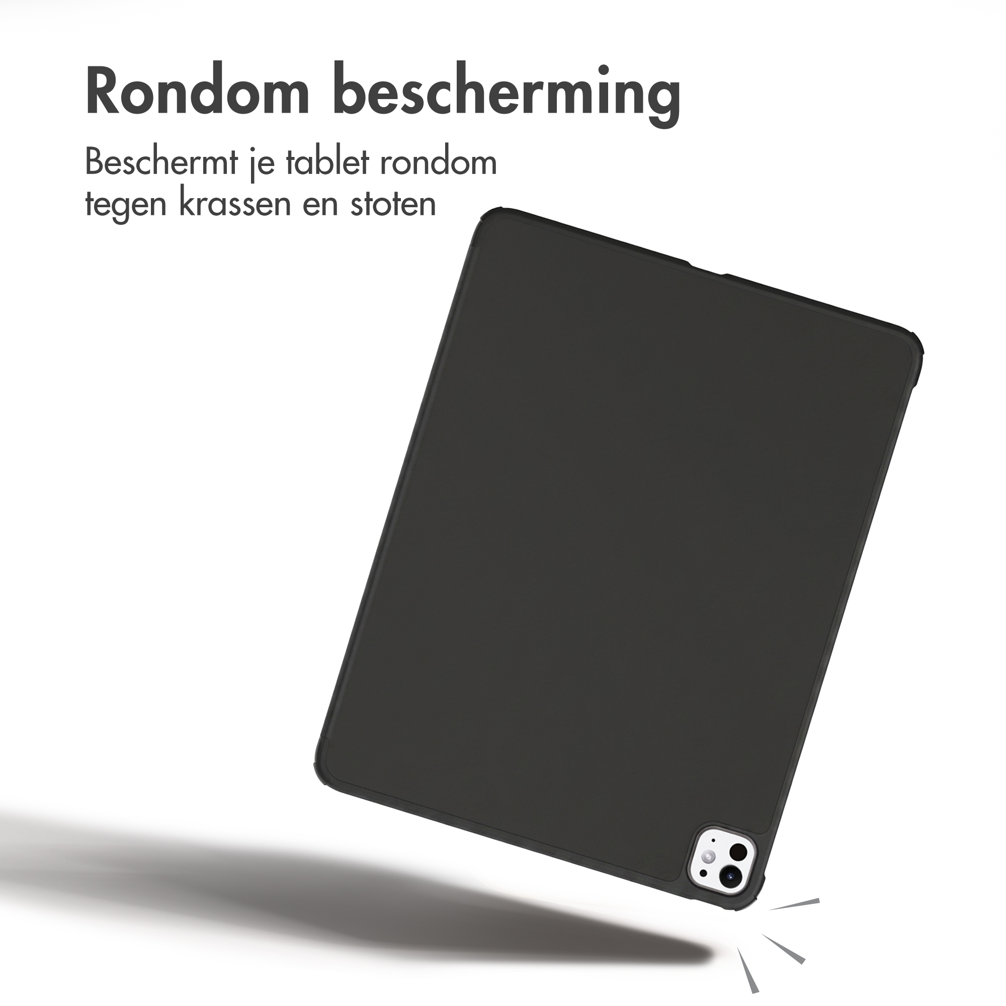 Un tablet nero in una custodia protettiva su sfondo bianco con testo in olandese.