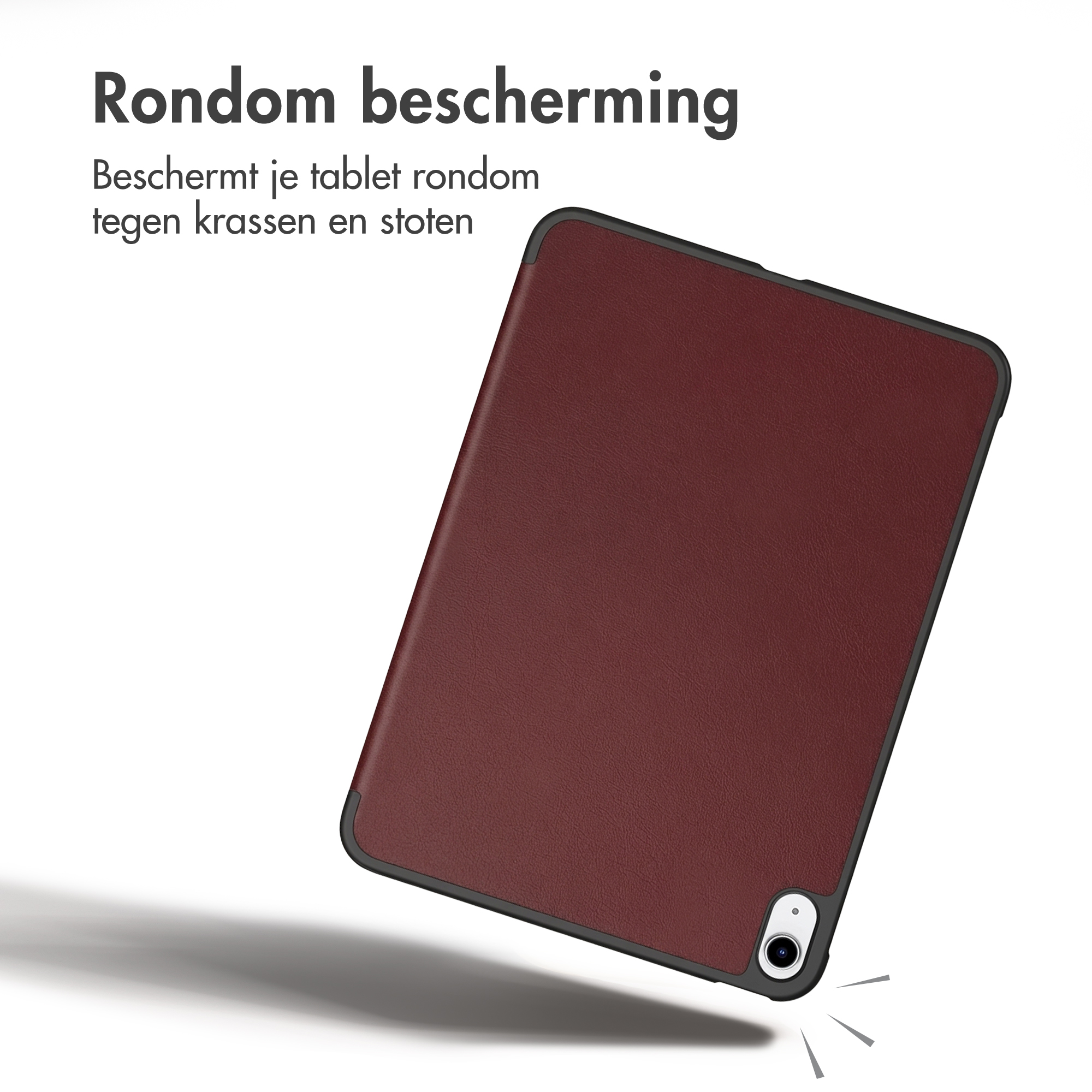 Dunkelrote Tablet-Hülle mit schwarzem Rand und Text oben links.