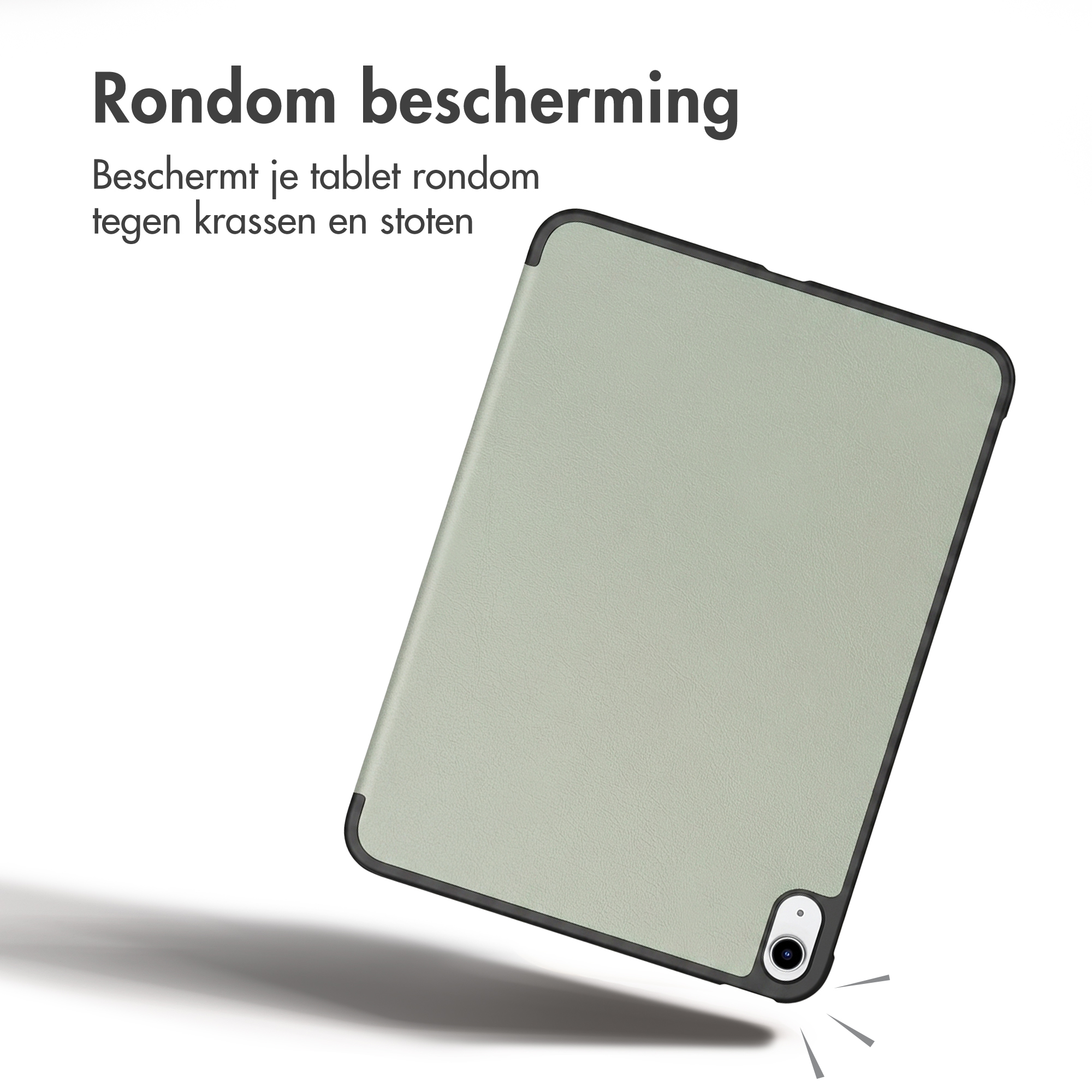 Ein graues Tablet in einer Hülle schwebt vor einem weißen Hintergrund mit niederländischem Text.