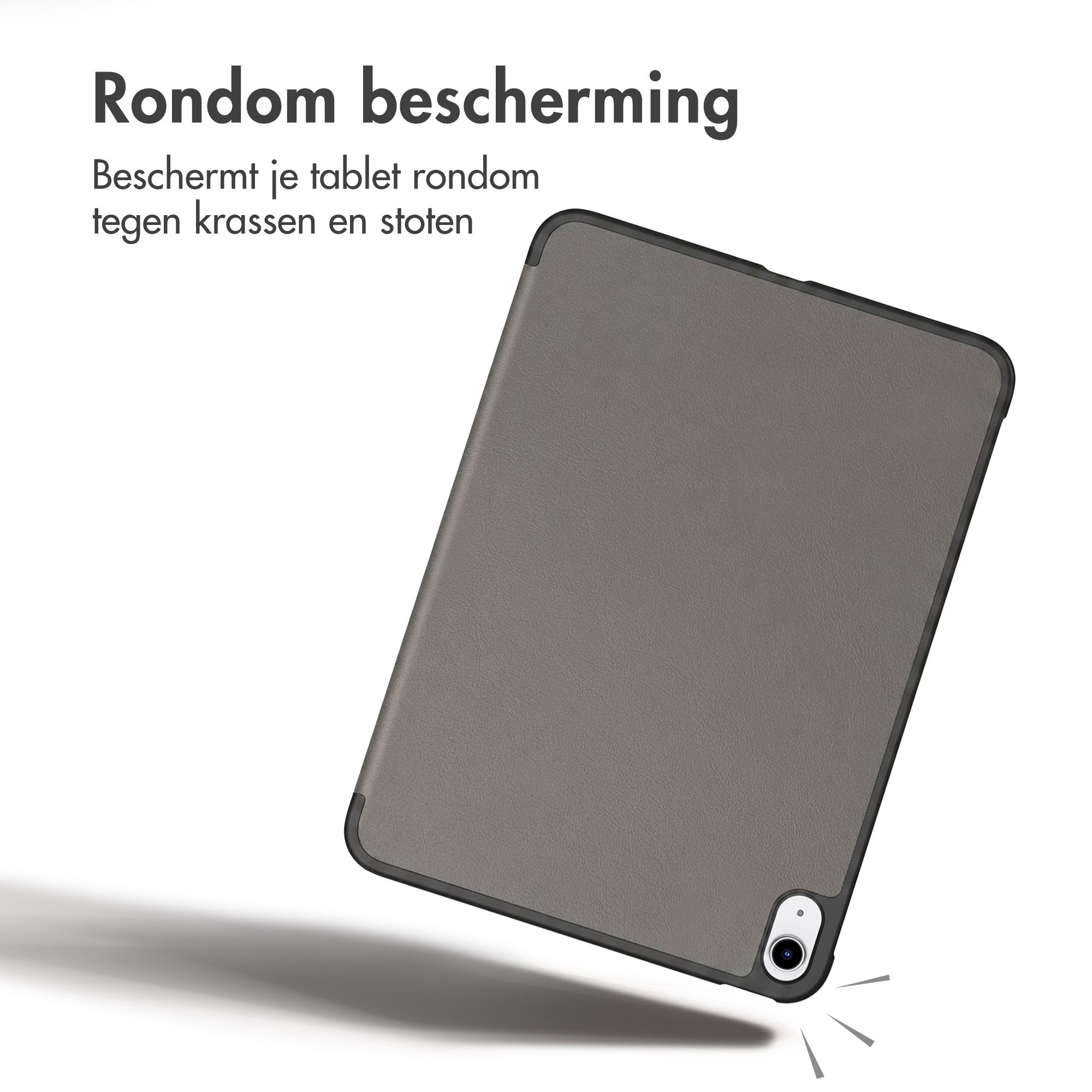 Ein graues Tablet in einer Hülle mit Text oben links.