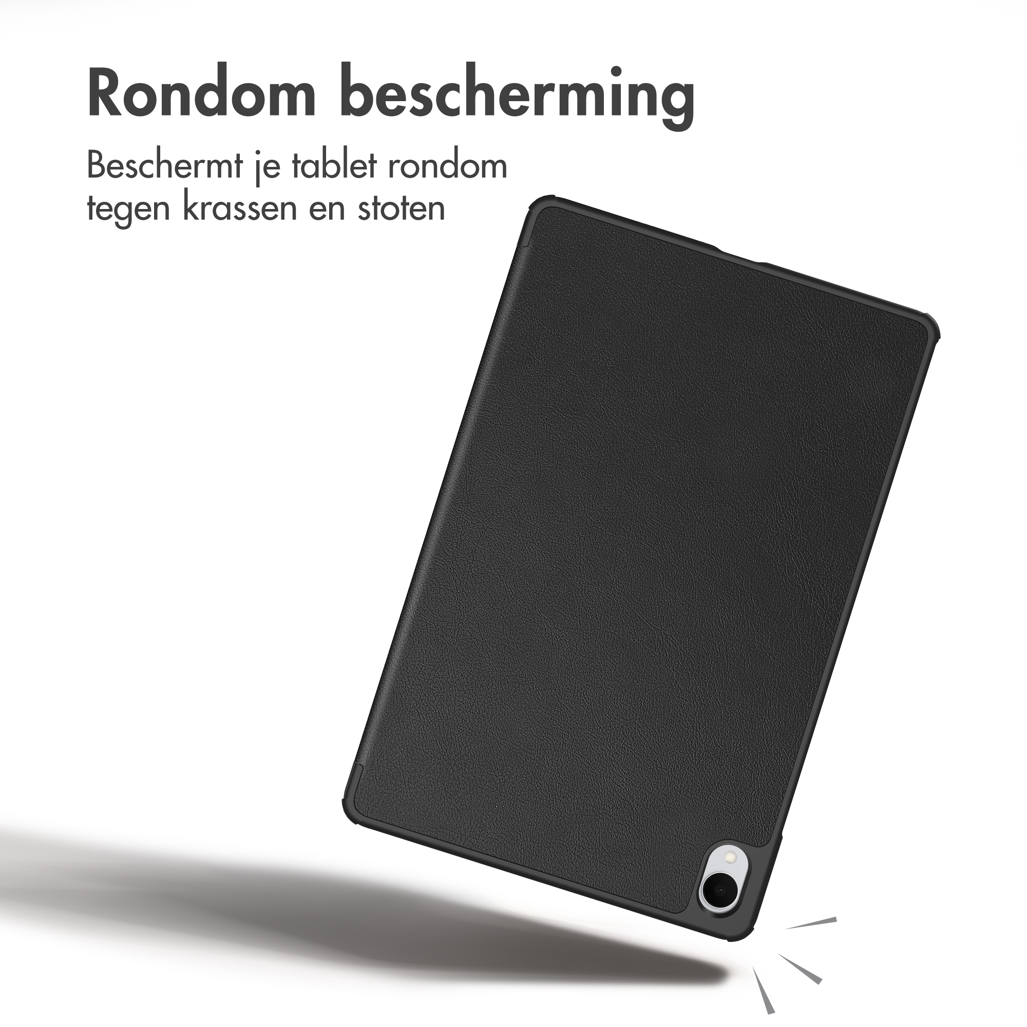 A black tablet case with camera cutout and text on a white background.