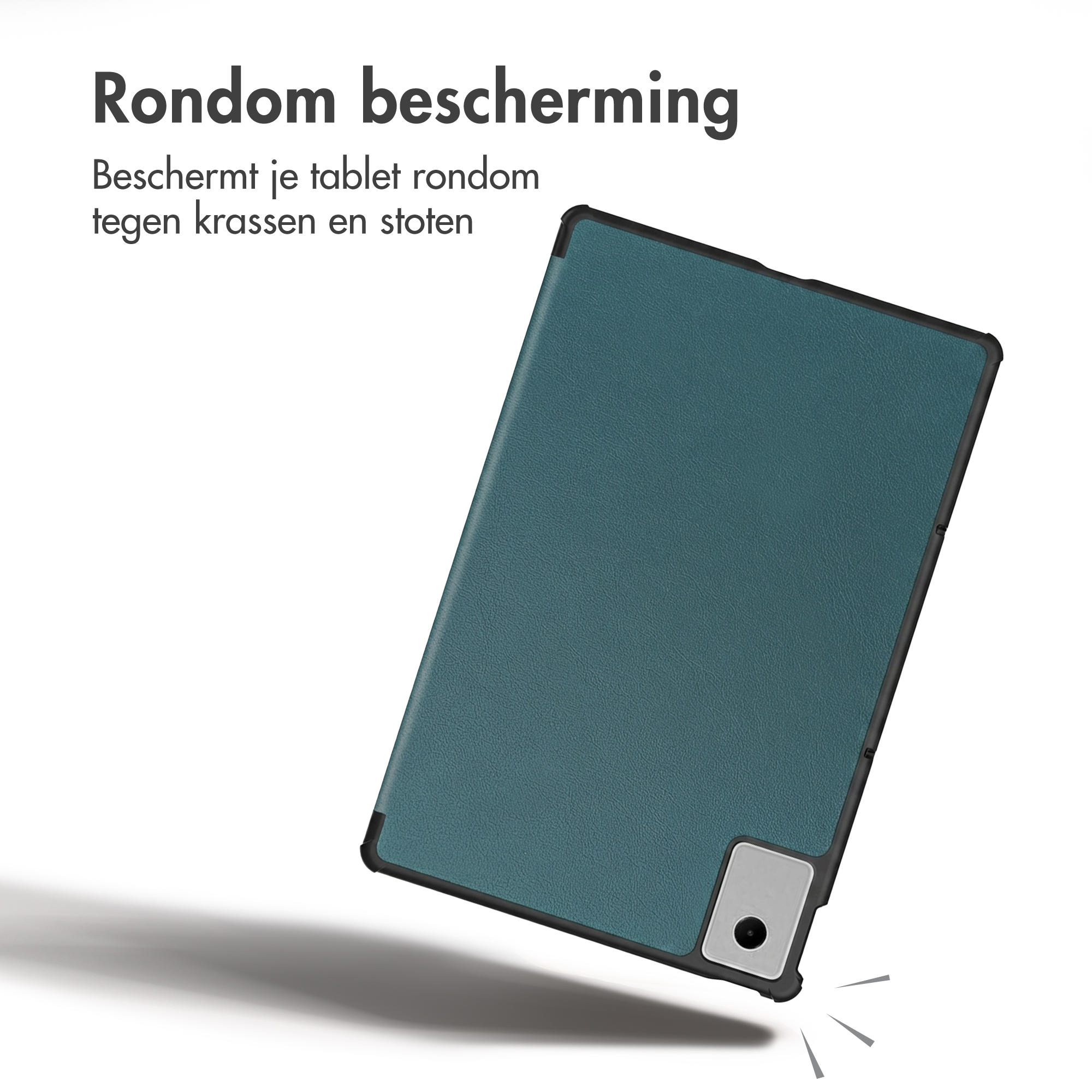 Blue tablet case with protection and text on white background.