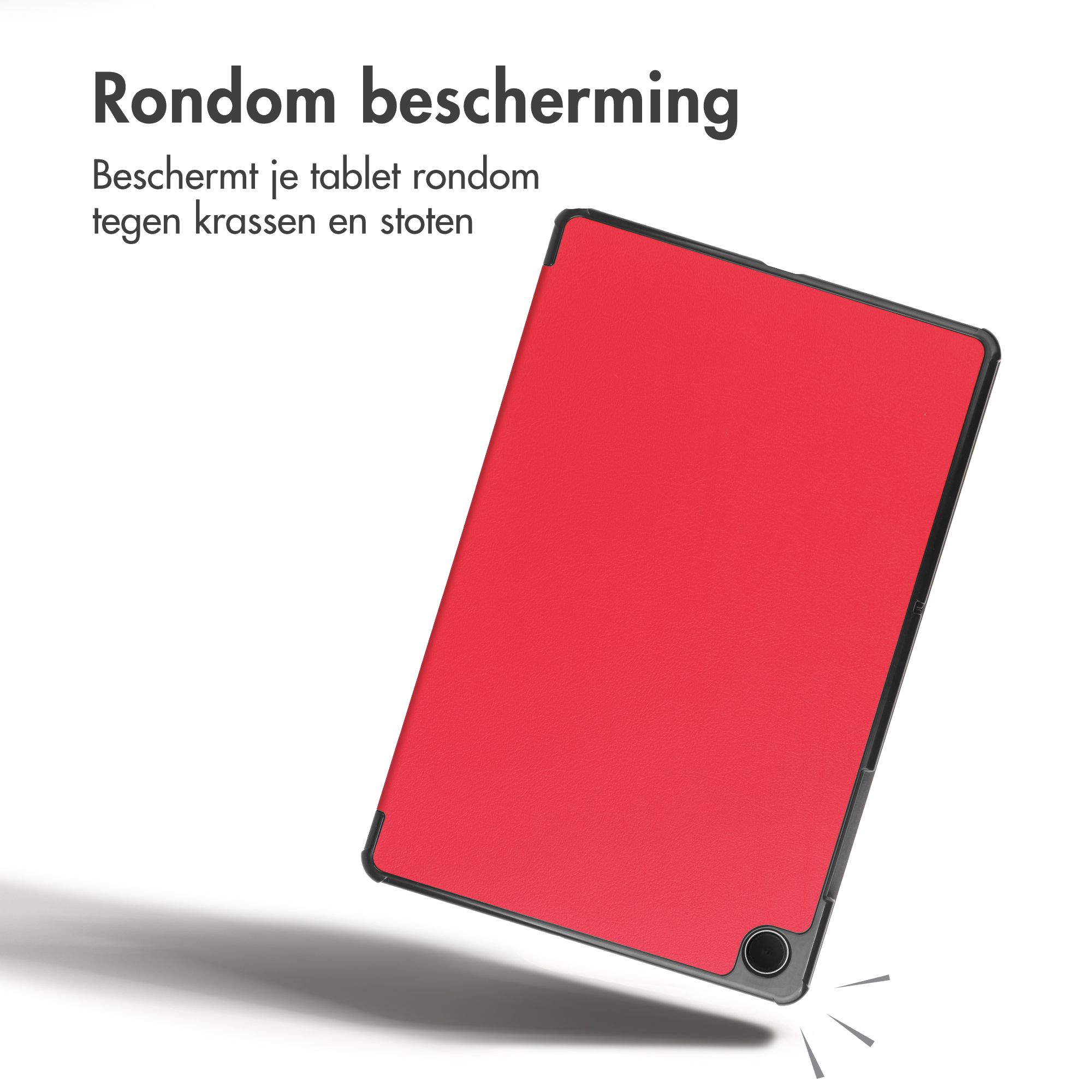 A red tablet case with a black border protects the device on a white background with text.