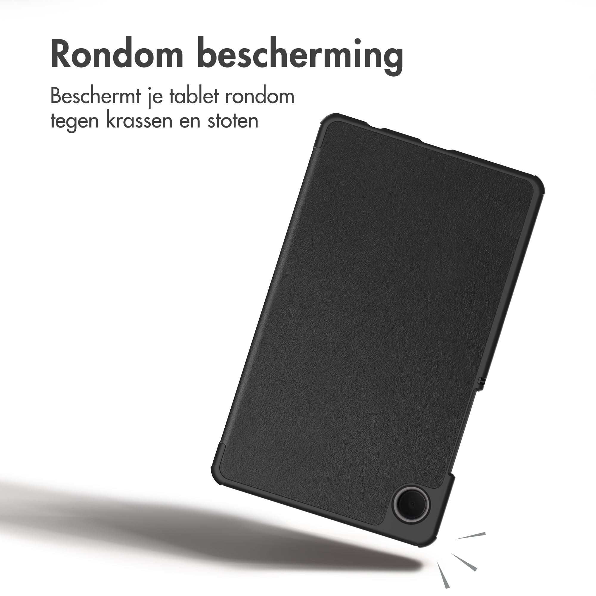 Black tablet protective case with text and shadow on a white background.