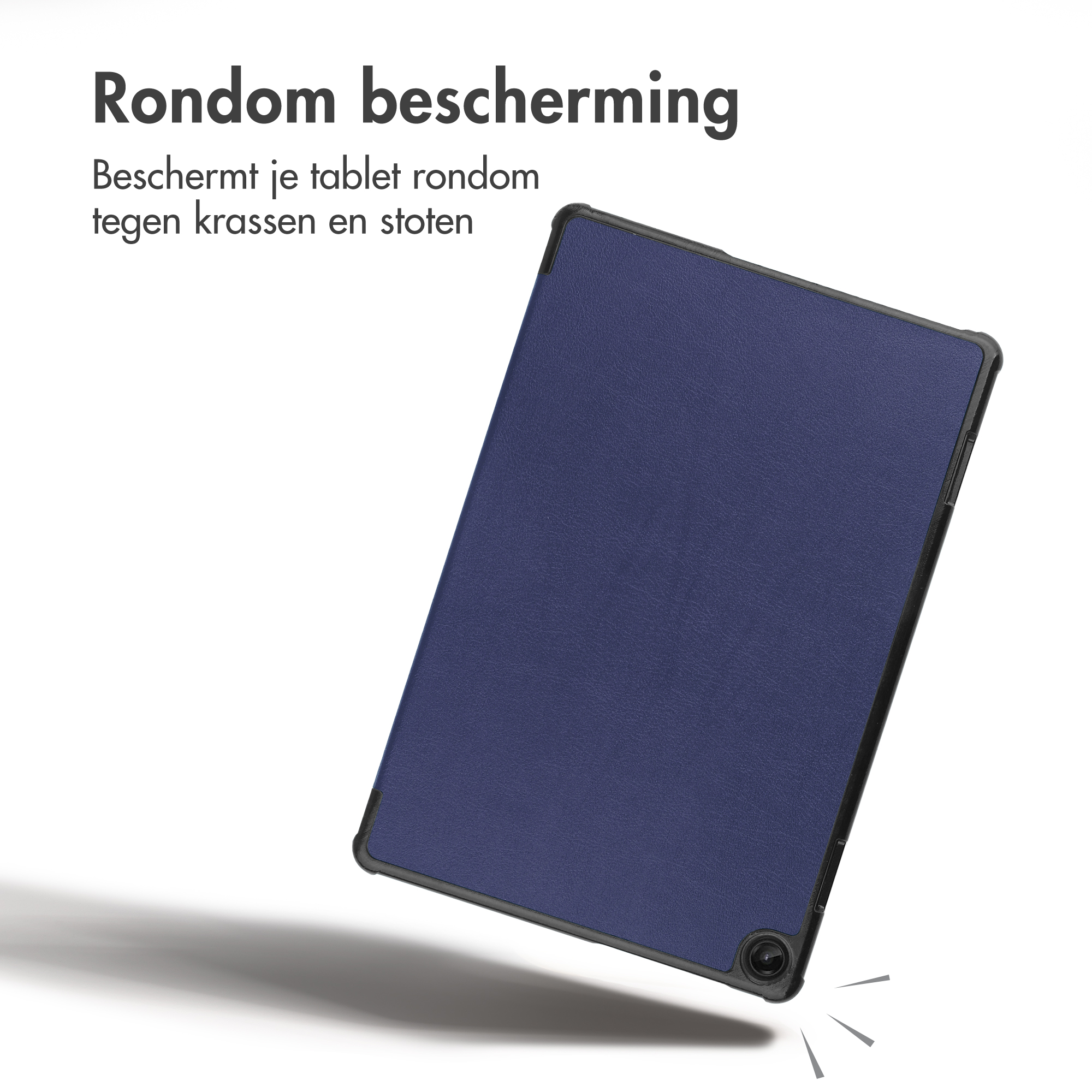 Een tablet in een donkerblauwe hoes, zwevend tegen een witte achtergrond met Nederlandse tekst.