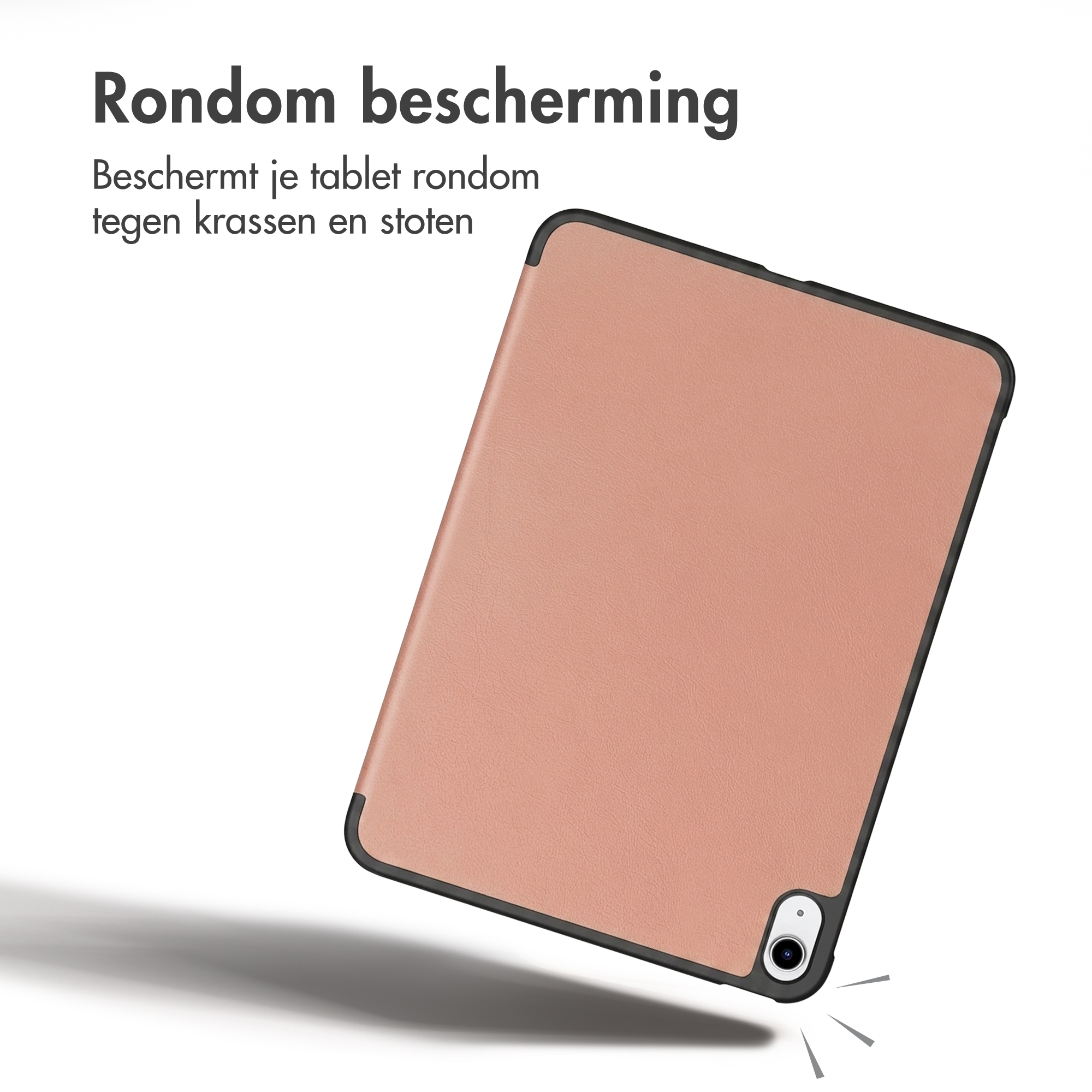 Rosa Tablet in schwarzer Schutzhülle mit Text.