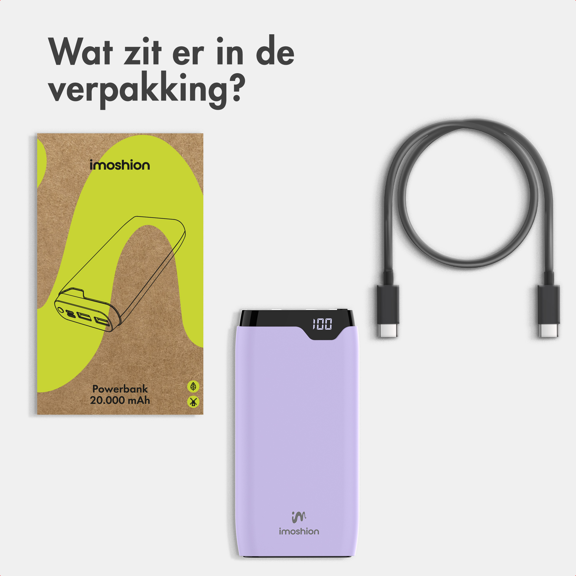 Contenuto: un power bank viola chiaro, un cavo USB e il manuale su un cartoncino marrone.